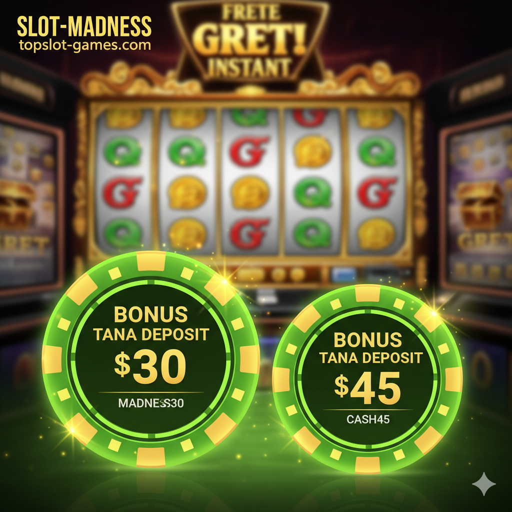 Visual yang berfokus pada fitur utama: Kode Bonus Tanpa Deposit (No Deposit Bonus). Gambar harus menampilkan dua kupon virtual atau chip kasino besar. Chip pertama bertuliskan '$30 NDB' dengan kode 'MADNESS30', dan chip kedua '$45 NDB' dengan kode 'CASH45'. Latar belakangnya adalah antarmuka mesin slot berputar yang menarik (misalnya, tema harta karun), dengan efek kilauan yang menunjukkan hadiah instan. Gunakan palet warna yang cerah (hijau neon, emas) untuk menekankan sifat 'Gratis' dan 'Instan' dari bonus, dengan fokus tajam pada kupon di latar depan.