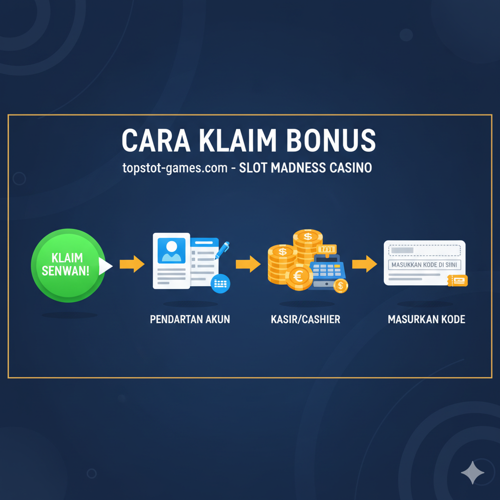 Ilustrasi langkah-langkah panduan cara mengklaim bonus (Tutorial). Gambar harus berupa infografis sederhana dengan 4 ikon yang berurutan secara horizontal atau vertikal: 1) Ikon 'Klaim Sekarang!' (tombol klik), 2) Ikon 'Pendaftaran Akun' (formulir/profil), 3) Ikon 'Kasir/Cashier' (tumpukan uang/chip), dan 4) Ikon 'Masukkan Kode' (kolom teks/kupon). Setiap ikon harus memiliki panah atau garis yang menghubungkannya, menunjukkan aliran proses. Gaya yang digunakan adalah ikonografi datar atau semi-realistis dengan warna yang kontras untuk keterbacaan yang cepat.