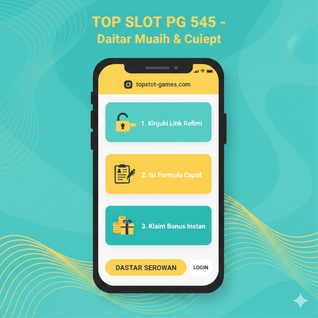 Sebuah gambar latar belakang gelap yang menawan dengan elemen emas dan merah cerah. Dominasi visual harus menampilkan logo PG Soft yang ikonik dan teks besar 'PG 545 SLOT' dengan efek kilauan (neon/glow). Di latar depan, sebuah gulungan slot yang bersinar menunjukkan simbol kemenangan (misalnya, koin emas, berlian, atau simbol dari Mahjong Ways) dengan kilatan petir 'GACOR'. Tambahkan logo kecil 'topslot-games.com' di sudut bawah. Komposisi harus dinamis dan menarik perhatian, dengan fokus pada sensasi jackpot besar.