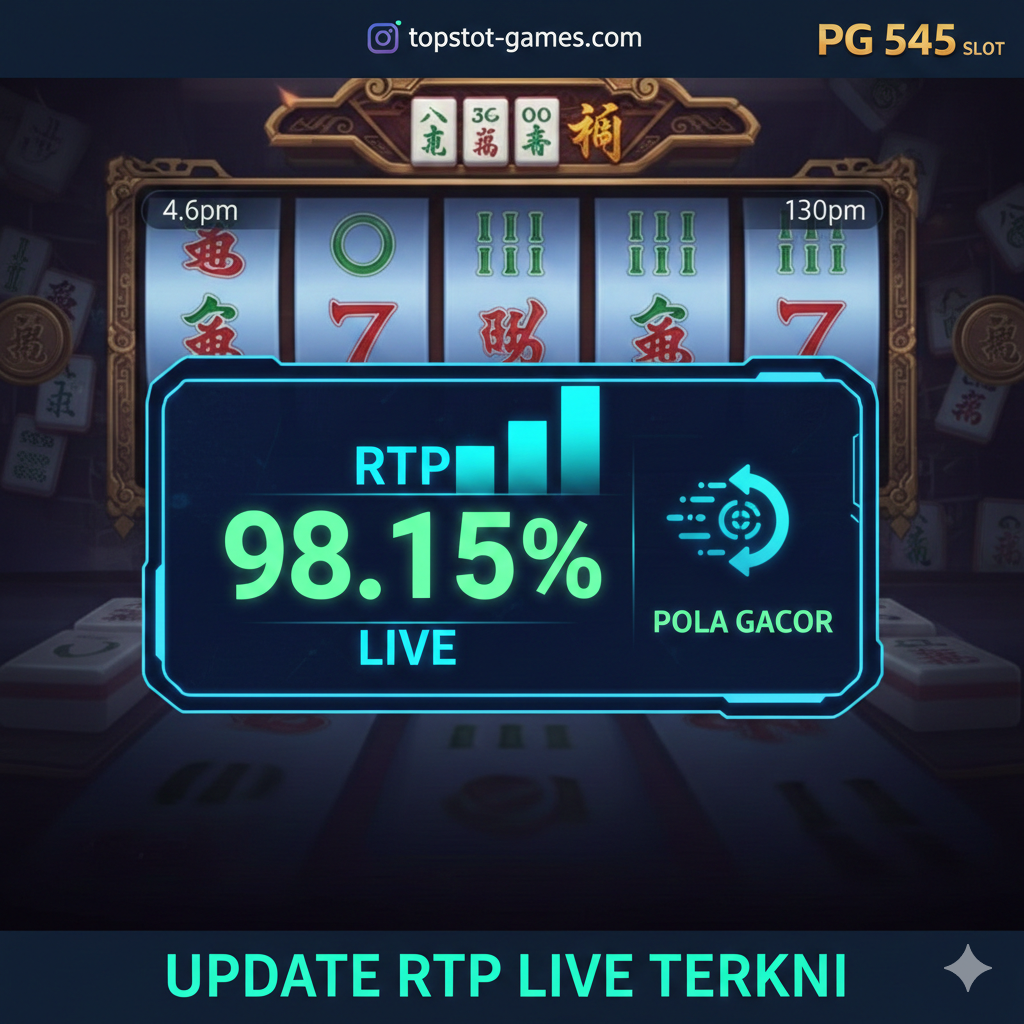 Visual yang menunjukkan fitur 'RTP Live Update' dan 'Pola Gacor'. Gunakan antarmuka slot PG Soft yang elegan sebagai latar belakang (misalnya, Mahjong Ways). Di tengah, tampilkan diagram batang atau layar digital futuristik dengan angka persentase tinggi yang mencolok (misalnya, 'RTP 98.15%') dan keterangan 'LIVE'. Di sebelahnya, ikon kecil yang merepresentasikan 'Pola Gacor' seperti serangkaian simbol panah atau ikon putaran cepat. Skema warna didominasi oleh biru tua dan neon hijau untuk kesan data dan teknologi.