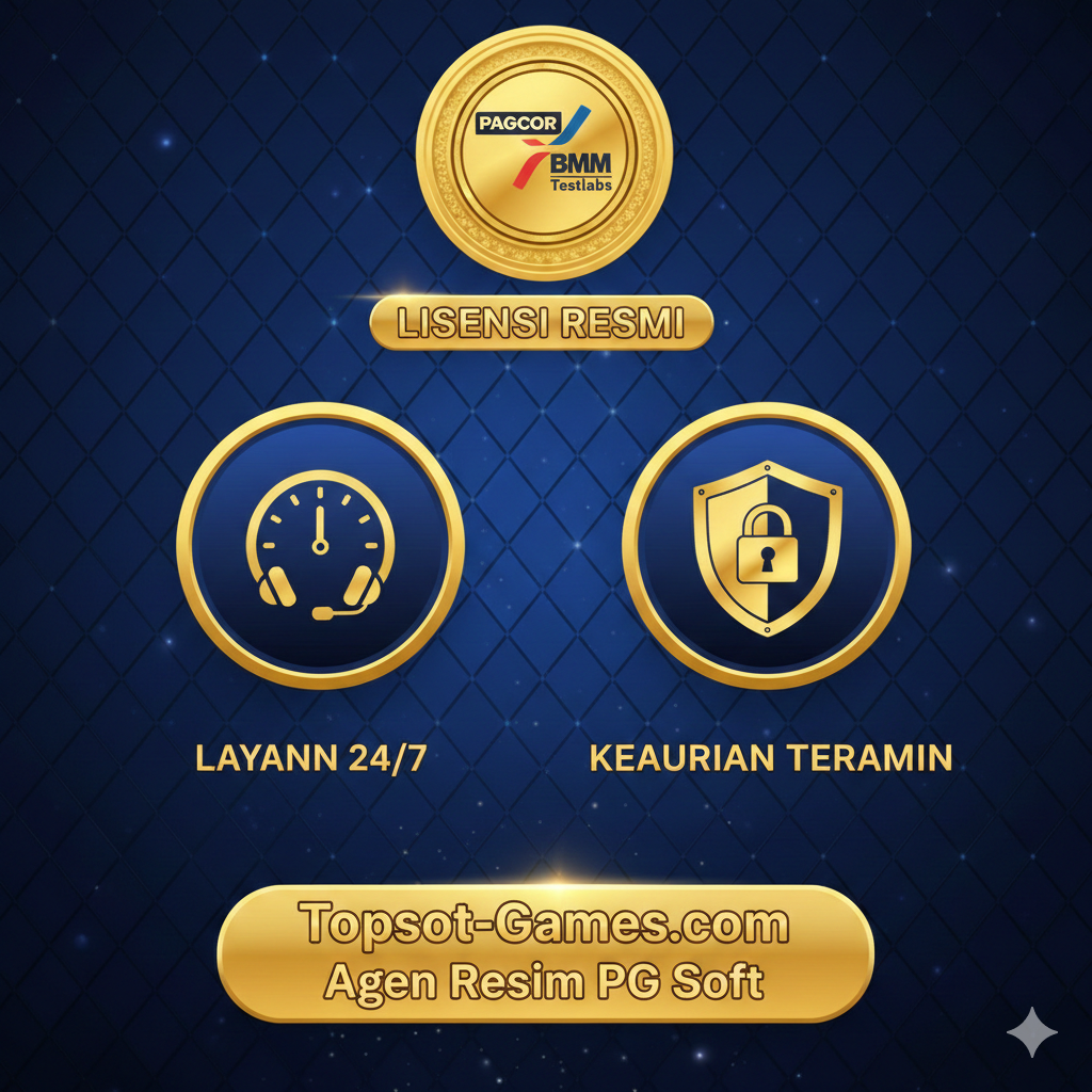 Visual yang menyoroti keunggulan topslot-games.com sebagai 'situs resmi/agen terpercaya'. Tampilkan elemen-elemen lisensi resmi (logo PAGCOR dan BMM Testlabs) dalam bentuk stempel emas yang kredibel. Di tengah, ikon 'Layanan 24/7' (jam atau headset) dan 'Keamanan Terjamin' (perisai dengan gembok). Latar belakang harus profesional dan terpercaya, mungkin tekstur berlian gelap atau biru royal. Teks 'Topslot-Games.com Agen Resmi PG Soft' harus menonjol, memberikan rasa aman dan otoritas.