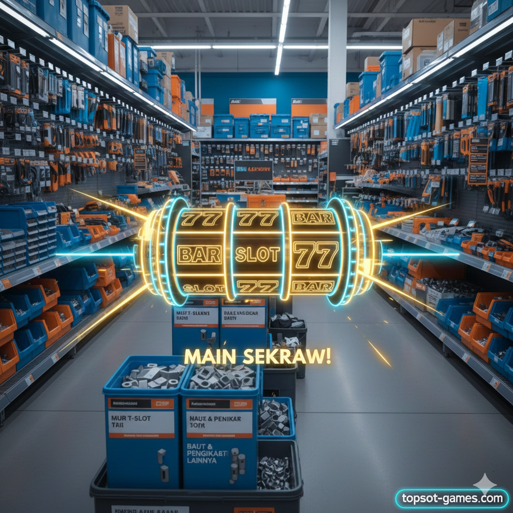 Gambar sampul yang menggabungkan dua tema. Di latar belakang, tampilkan rak-rak gudang toko hardware yang cerah (ala Bunnings/Ace Hardware) dengan fokus pada kotak-kotak kecil berisi 'T-Slot Nuts' dan mur baut lainnya. Di bagian tengah atau sudut, masukkan elemen digital yang kontras: sebuah ikon mesin slot 'bar/slot/777' atau gulungan slot yang berputar cepat, menyiratkan pergeseran fokus ke hiburan digital. Warna dominan harus biru dan oranye (hardware) berpadu dengan emas/neon (slot game) untuk menciptakan jembatan visual yang mencolok. Gaya harus modern dan berenergi tinggi.