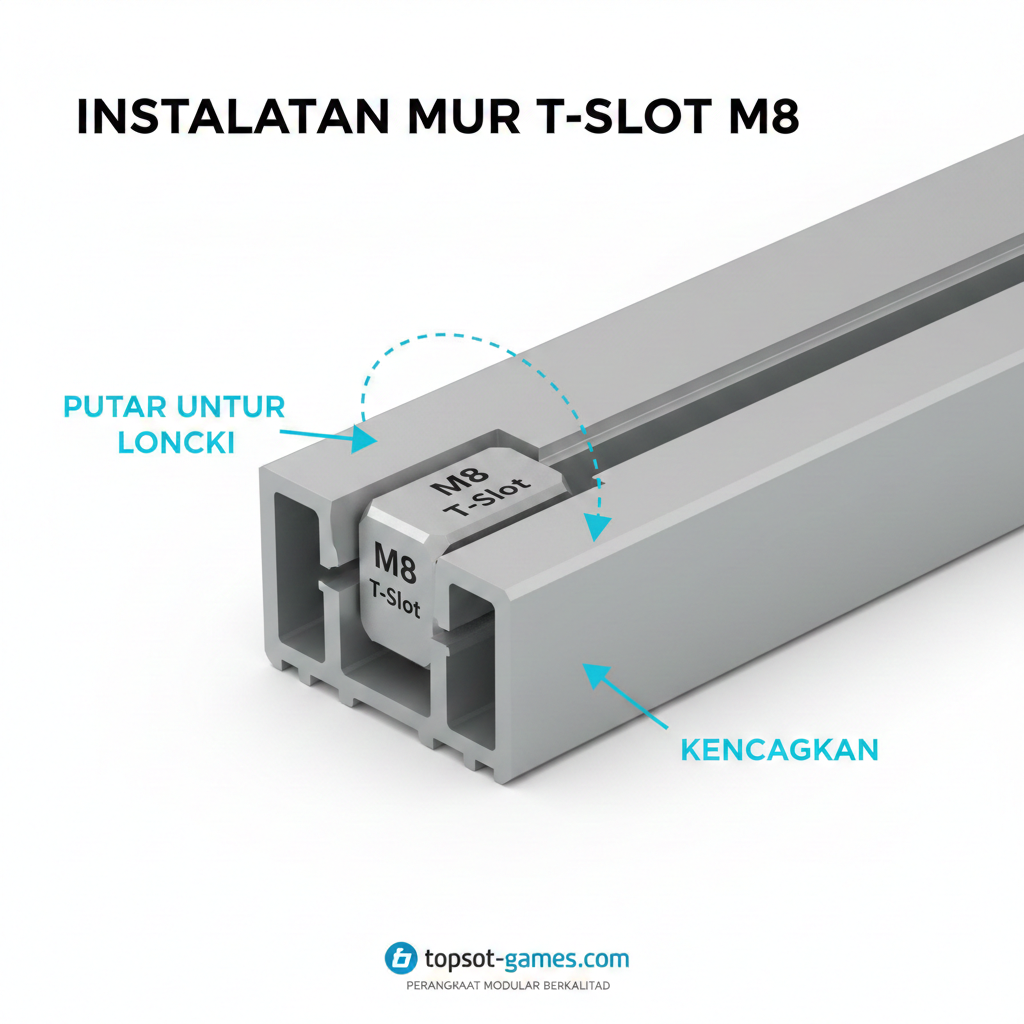 Ilustrasi close-up yang berfokus pada fungsi T-Slot Nuts. Tampilkan potongan profil aluminium ekstrusi (bentuk T-Slot) dengan sebuah 'M8 T-Slot Nut' yang baru saja dimasukkan ke dalam alurnya. Berikan panah atau garis putus-putus untuk menunjukkan proses pemasangan dan penguncian mur tersebut ke profil. Gunakan latar belakang putih atau abu-abu terang untuk menonjolkan detail produk. Pastikan mur dan profil terlihat berkualitas tinggi dan teknis, menekankan sifat modular dan kemudahan perakitan hardware. Sudut pandang makro yang jelas dan fokus.
