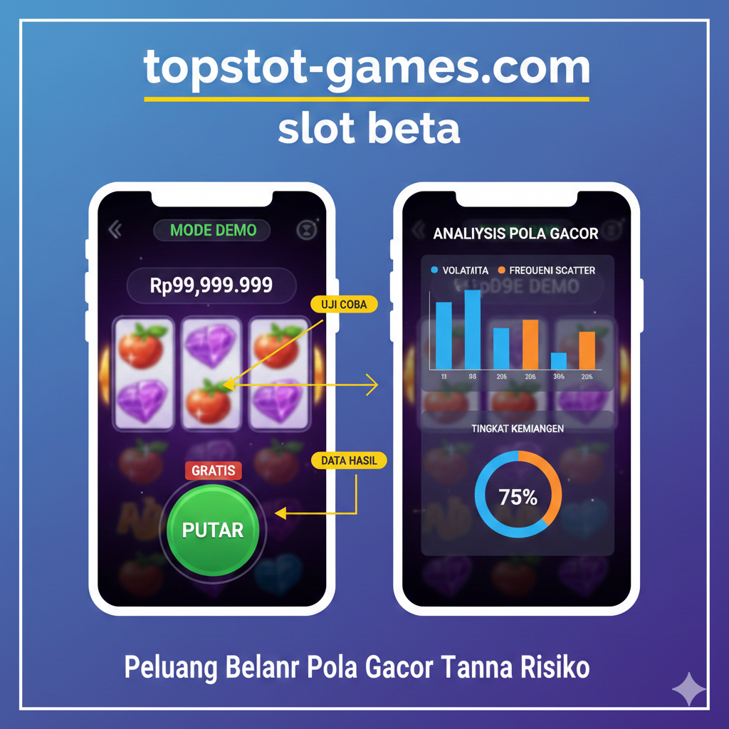 Gambar yang secara visual menjelaskan fitur 'Peluang Belajar Pola Gacor Tanpa Risiko'. Tampilkan dua layar ponsel bersebelahan. Layar kiri menunjukkan mode 'Demo' dengan saldo besar yang fiktif (misalnya, $99999) dan tombol 'Spin' yang dilingkari, fokus pada 'Gratis'. Layar kanan menunjukkan grafik analisis atau data statistik (seperti bar chart volatilitas atau frekuensi scatter) yang tumpang tindih dengan tampilan game slot, menyiratkan proses pengujian dan strategi. Gaya ilustrasi bersih dan informatif, dengan panah yang menghubungkan pengujian ke hasil analisis.