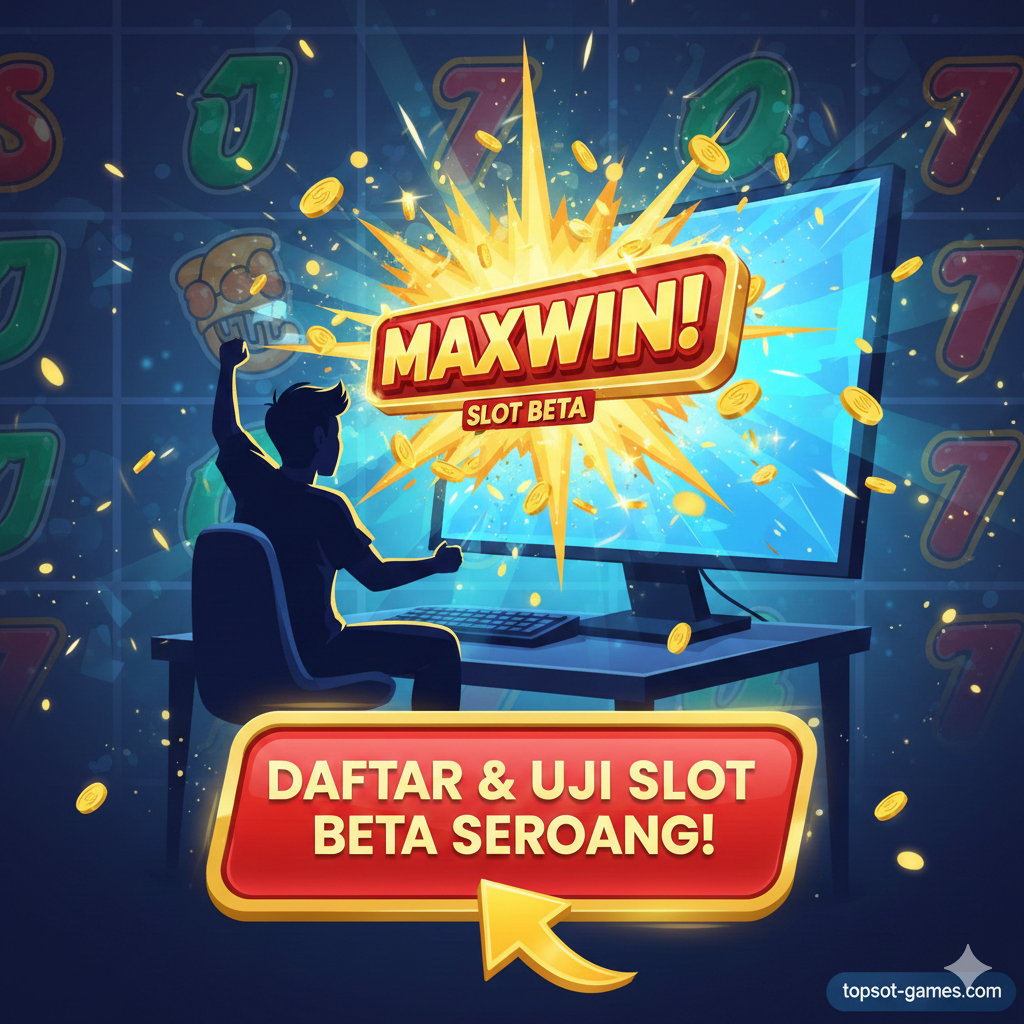 Gambar yang merangkum kesimpulan dan Call-to-Action. Tampilkan seorang pemain (siluet atau kartun yang bersemangat) yang duduk di depan layar komputer/ponsel yang bersinar, dengan koin emas dan simbol 'BIG WIN' atau 'MAXWIN' yang meledak dari layar. Di latar depan, sisipkan tombol besar yang menonjol, bertuliskan 'DAFTAR & UJI SLOT BETA SEKARANG!' dengan panah yang menunjuk ke arahnya. Gunakan warna-warna yang energik dan ceria (merah, emas, hijau) untuk memotivasi pembaca mengambil tindakan segera dan menekankan potensi kemenangan besar.