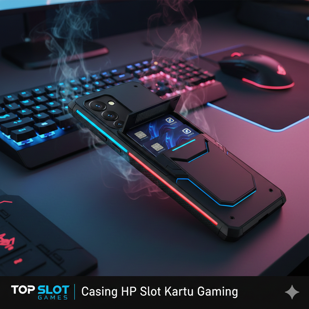Gambar beresolusi tinggi yang menarik perhatian sebagai sampul artikel. Menampilkan sebuah smartphone (mungkin model gaming seperti ROG atau Black Shark) yang dipasangi 'Hybrid Card Slot Case' berwarna hitam atau abu-abu gelap dengan aksen merah/biru neon. Fokus utamanya adalah slot kartu tersembunyi yang terbuka, memperlihatkan satu atau dua kartu e-money/akses. Latar belakangnya adalah meja dengan nuansa gaming/tech, seperti keyboard mekanik dan mouse, dengan efek asap atau cahaya neon yang mengindikasikan fitur 'anti-panas' dan 'gaming'. Komposisi harus dinamis dan modern, mencerminkan tema topslot-games.com.
