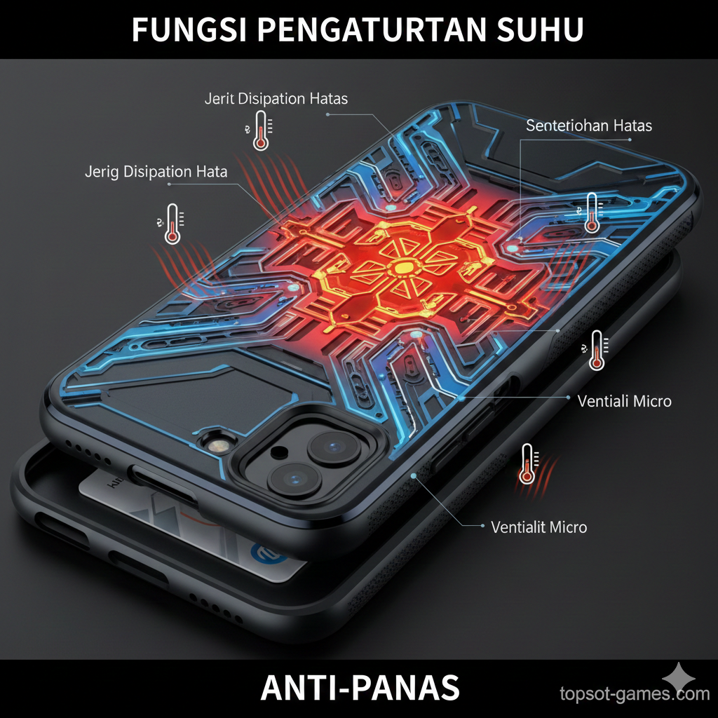 Visualisasi fitur kunci: manajemen suhu. Gambar berupa tampilan close-up dari bagian belakang case HP yang telah dilepas dari ponsel. Fokus utama adalah pada bagian dalam case, menunjukkan pola 'Ventilasi Mikro' atau 'Heat Dissipation Grid' (jaring disipasi panas) internal. Gunakan skema warna yang menonjolkan fungsi, misalnya, bagian yang panas ditandai dengan warna merah oranye (panas) dan area ventilasi berwarna biru (dingin) secara artistik. Sertakan ikon termometer atau gelombang panas yang keluar dari ventilasi untuk menekankan teknologi 'Cooling Technology'.