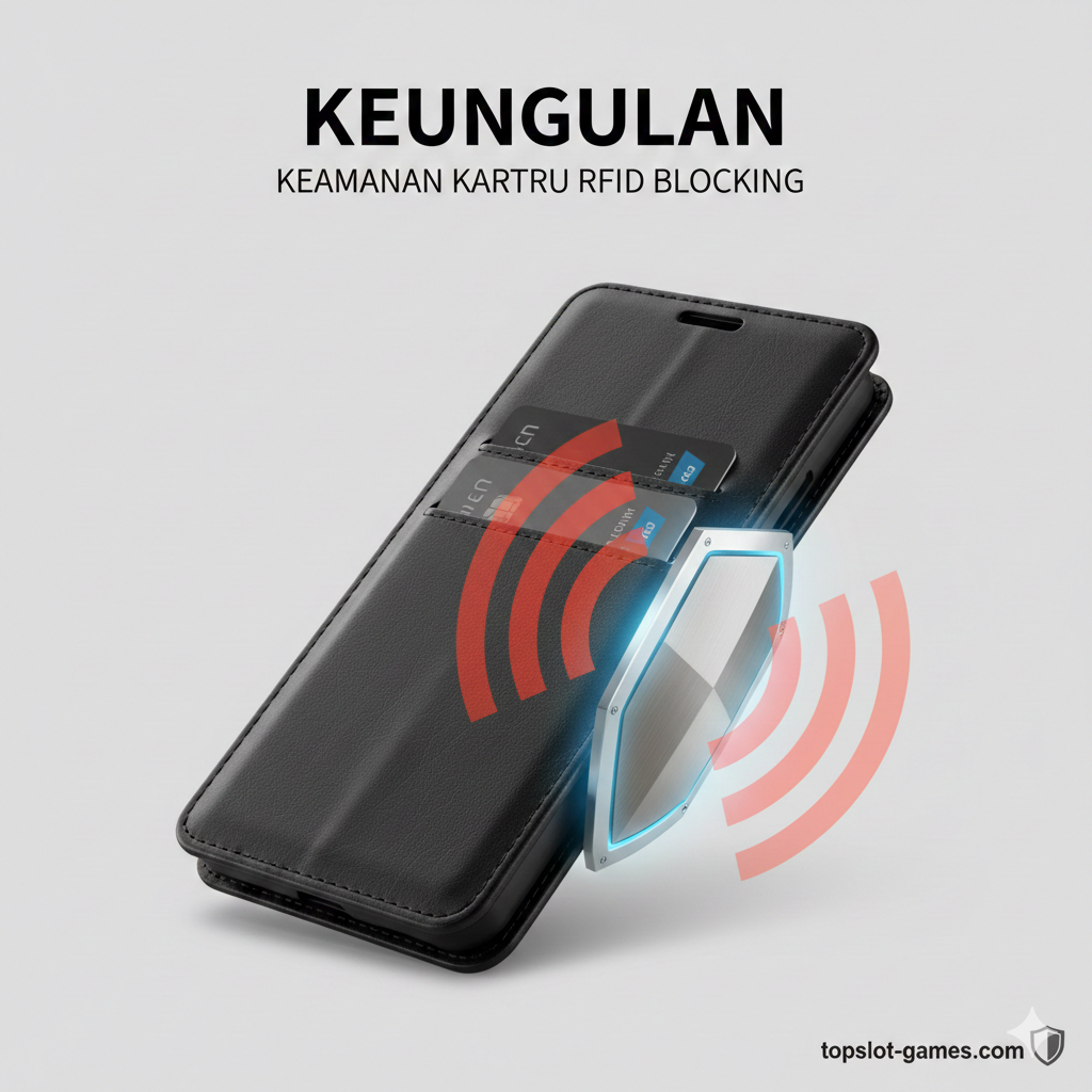 Visualisasi abstrak dari fitur keamanan RFID Blocking. Tampilkan case HP card holder yang elegan (mungkin tipe folio/kulit) dengan siluet kartu di dalamnya. Dari sisi luar case, ada gelombang sinyal nirkabel (wireless signal) berwarna merah atau oranye yang mencoba menembus case, namun terblokir oleh perisai (shield) metalik/biru di dalam material case. Gunakan efek grafis digital yang jelas menunjukkan konsep 'blocking' atau 'perisai', memberikan rasa aman dan canggih. Komposisi harus bersih dan berfokus pada teknologi perlindungan.