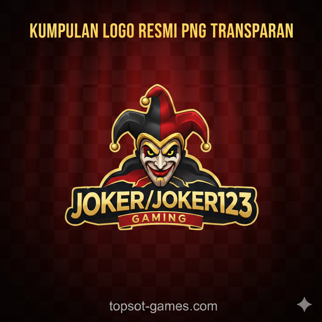 Sebuah komposisi visual premium yang berfokus pada logo resmi Joker Gaming/Joker123 (wajah jester/joker) dengan resolusi tinggi. Logo utama yang berwarna merah, emas, dan hitam ini ditempatkan di tengah. Latar belakangnya menggunakan pola kotak-kotak transparan yang samar, kemudian bergradasi lembut menjadi nuansa merah marun dan hitam yang mewah, menyerupai tirai atau meja kasino. Terdapat teks tebal berwarna emas yang elegan bertuliskan "KUMPULAN LOGO RESMI PNG TRANSPARAN" di bagian atas, menegaskan kualitas dan keaslian, serta menanamkan kepercayaan (trust) pada pembaca.