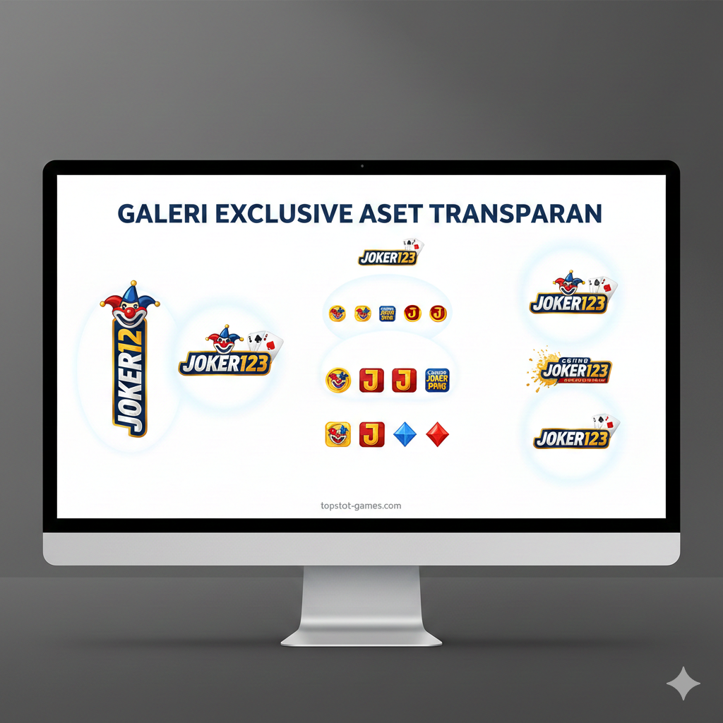 Galeri digital modern yang menampilkan berbagai variasi aset Joker123 logo PNG dan ikon casino joker slot png yang berbeda (misalnya, logo vertikal, logo horizontal, dan ikon game kecil). Aset-aset ini disusun dalam tata letak yang bersih dan terorganisir, seolah-olah ditampilkan di layar monitor atau galeri. Latar belakangnya berwarna putih atau abu-abu terang yang kontras, dengan efek cahaya halus (spotlight) yang menyorot setiap ikon, menekankan kualitas 'High Quality' (HQ) dan sifatnya yang transparan untuk kebutuhan desain promosi. Judul yang mencolok di atas menunjukkan 'Galeri Eksklusif Aset Transparan'.