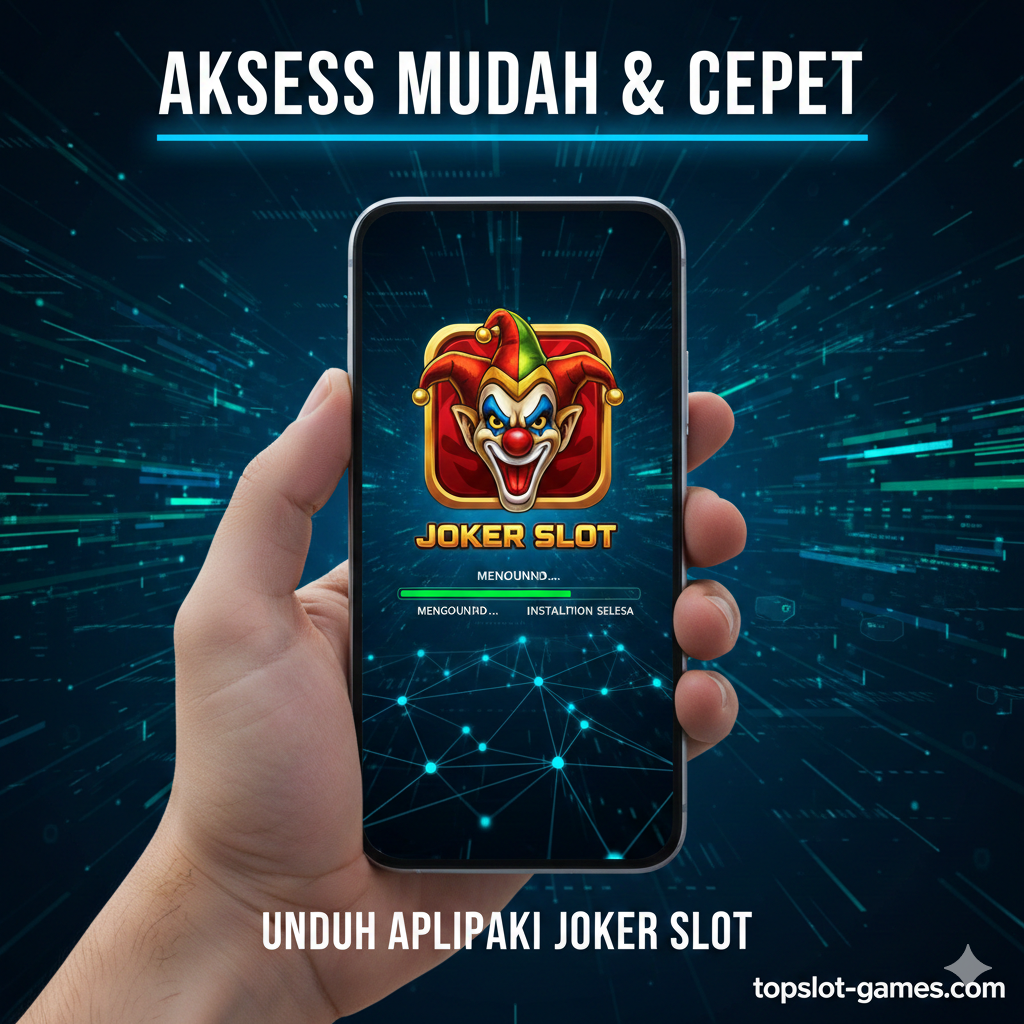 Ilustrasi yang berfokus pada kemudahan akses 'Cross-Platform Gaming' dan panduan download aplikasi. Gambar menampilkan tangan yang memegang smartphone modern dengan layar yang menampilkan ikon aplikasi Joker Slot yang sedang diinstal atau dibuka. Latar belakangnya adalah jaringan digital yang bersinar (berwarna biru/hijau neon), melambangkan konektivitas server yang stabil dan proses unduhan yang cepat. Komposisi ini sederhana dan fokus, menyoroti kata kunci 'Akses Mudah' dan 'download aplikasi joker slot png' yang disebutkan dalam artikel.