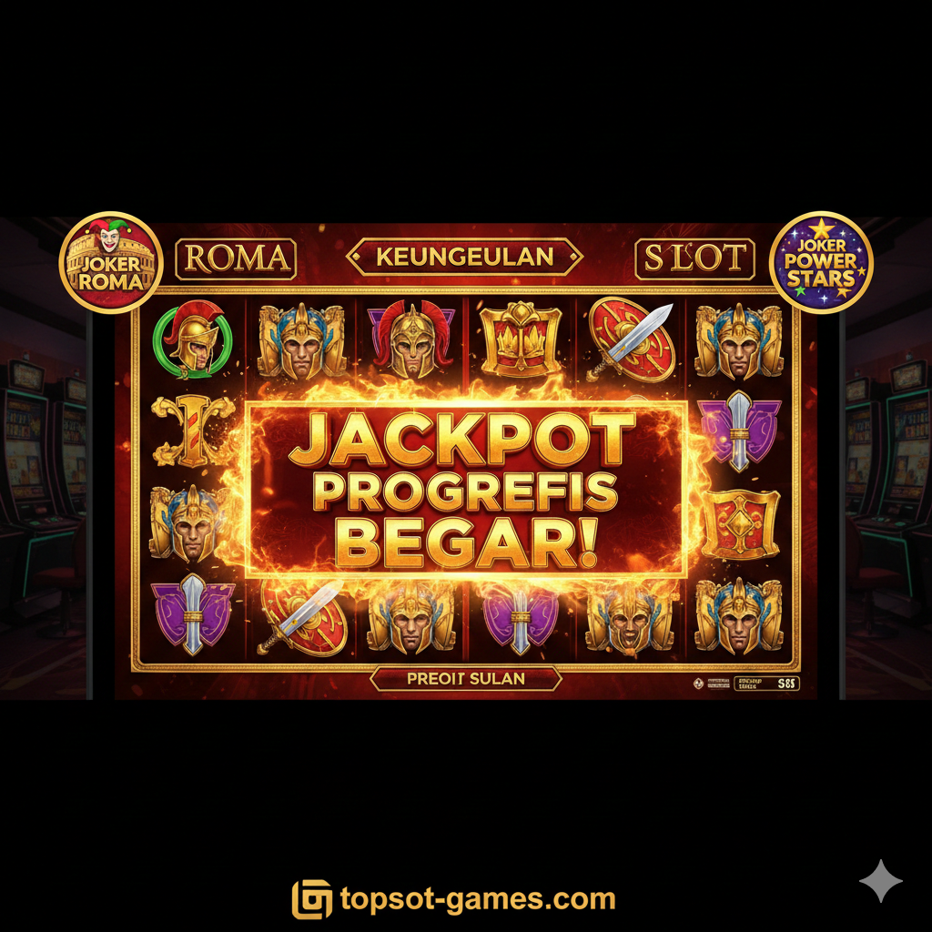 Visual yang dinamis dan berenergi tinggi, menyoroti keunggulan Jackpot Progresif dan popularitas game spesifik seperti Roma Slot dan Power Stars. Komposisi didominasi oleh tampilan layar game Roma Slot yang menampakkan simbol Gladiator, dengan overlay spanduk 'BIG WIN' atau 'JACKPOT PROGRESIF' yang besar, berwarna emas menyala. Terdapat juga ikon kecil joker slot roma png dan joker slot power stars png yang ditempatkan di sudut, menguatkan referensi game. Warna-warna yang digunakan adalah emas, merah menyala, dan bayangan gelap untuk memberikan nuansa kasino yang dramatis dan menarik.