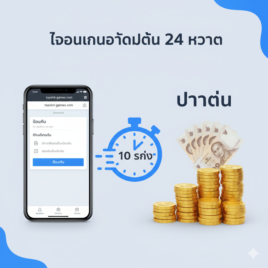 这张图片用于展示 '24小时自动提款' 功能。采用信息图表风格，构图清晰。左侧展示一部智能手机，屏幕上显示 topslot-games.com 的提款界面，并有一个醒目的泰语按钮 'ถอนเงิน' (提款)。中间是一个显眼的图标，显示一个秒表，上面写着 '10 วินาที' (10秒)，象征极速处理。右侧是大量金币和泰铢钞票，代表成功的 'payout'（支付）。整体色调明亮、专业（蓝色和白色），传达速度、安全和 '24 slot' 的可靠性。