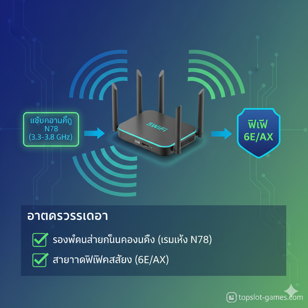 一张功能图，聚焦于5G路由器的技术特性，特别是频段兼容性和Wi-Fi 6标准。画面应并列展示一个5G路由器的示意图（有天线或信号发射波），旁边有两个并排的图标：一个是代表“Band N78 (3.3-3.8 GHz)”的数字显示屏或标签，另一个是“Wi-Fi 6E/AX”的标志。使用简洁的科技图解风格，以蓝色、绿色为主色调，强调技术指标和兼容性，并用箭头表示信号传输，直观地解释“Checklist”部分的关键技术点。