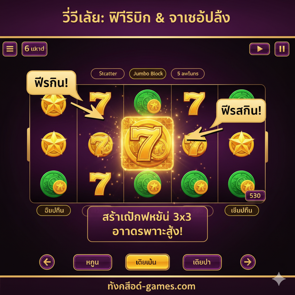 A tutorial image focusing on the Free Spins feature and the Jumbo Block. Depict the slot screen with the reels spinning or paused to show the 3 Scatter Symbols (Stars) that triggered the bonus. The centerpiece should be the 3x3 Jumbo Block symbol clearly visible on the middle reels (2, 3, and 4), possibly showing a large number 7 or a fruit symbol to represent a high-value win. The overall style should be informative and clean, perhaps with simple overlay arrows or text (in Thai, e.g., 'ฟรีสปิน!') to guide the user's understanding of how the massive 3x3 symbol increases winning potential, reinforcing the 'easy to play' aspect.