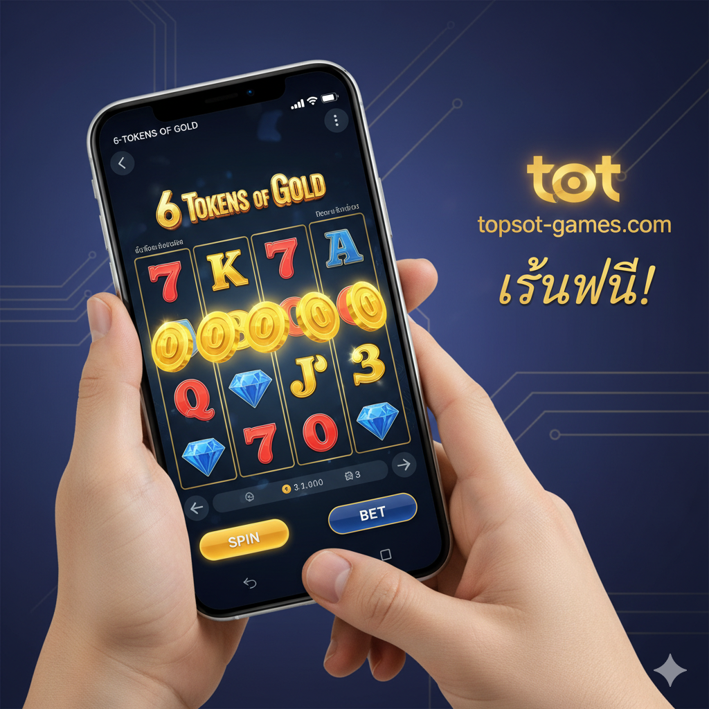 A summary image highlighting the game's accessibility and appeal on topslot-games.com. The image should show the '6 Tokens of Gold' game running on a modern mobile device (smartphone or tablet) to promote the Mobile-First design mention in the article. The slot screen should be clearly visible and appealing. Include a subtle background element related to the target site, like a stylized 'topslot-games.com' or a Thai-language CTA (e.g., 'เล่นฟรี!'), reinforcing the message that the game is reliable and easily accessible for players who want to '6 tokens of gold เล่น' instantly on the go. The aesthetic should be clean, modern, and user-friendly.