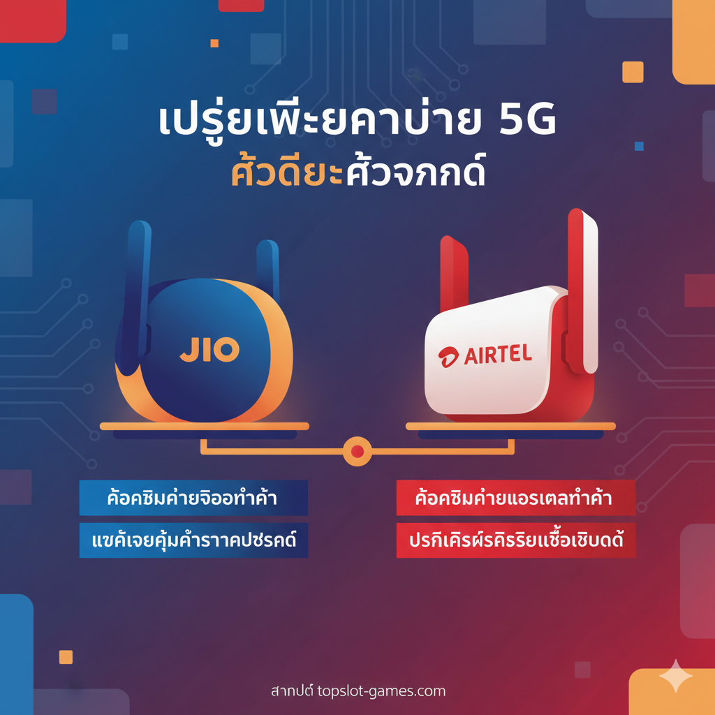 一张总结图，比较Jio AirFiber和Airtel Xstream AirFiber。画面中心放置两个带有各自品牌标志（Jio和Airtel）的路由器设备的抽象图示。两个图示下方分别配有对比的关键词：Jio下方是“Locked to Jio, Cost-Effective Package”，Airtel下方是“Locked to Airtel, Reliable Performance”。构图采用左右对比或天平平衡的模式，色彩使用两家运营商的主色调（蓝色/红色/橙色），目的是视觉化地展示选择服务商自有设备的利弊和限制。