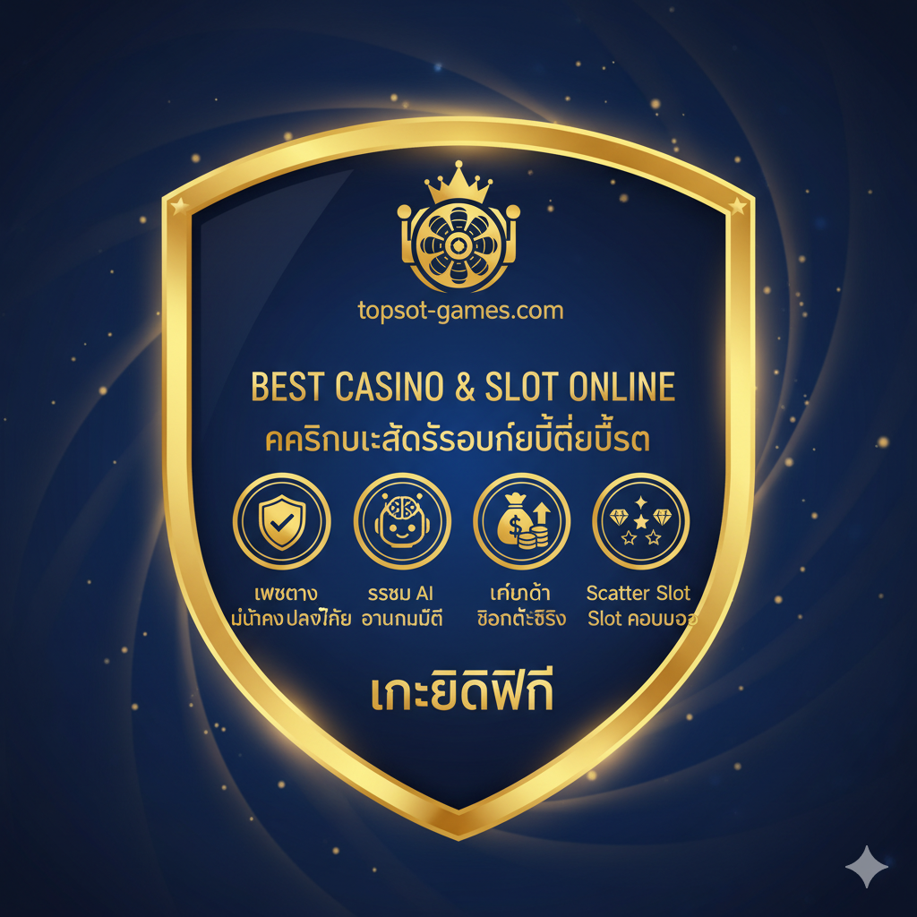 ภาพควรเน้นย้ำถึงข้อดีของ Topslot-games.com ด้วยไอคอนและคำสำคัญเช่น เว็บตรง มั่นคง ปลอดภัย, ระบบ AI อัตโนมัติ, เทิร์นต่ำ ถอนได้จริง, และ Scatter Slot ครบวงจร