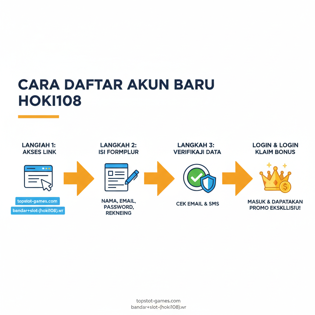 Gambar tutorial bergaya infografis sederhana dan berurutan mengenai 'Cara Daftar Akun Baru Hoki108'. Komposisi dibagi menjadi 3 atau 4 langkah yang jelas (Step 1: Akses Link, Step 2: Isi Formulir, Step 3: Verifikasi Data, Step 4: Login & Klaim Bonus). Setiap langkah diwakili oleh ikon yang relevan: ikon browser, ikon formulir, ikon tanda centang, dan ikon mahkota/bonus. Gunakan palet warna yang bersih dan cerah (misalnya putih, biru muda, dan oranye) untuk memudahkan pemahaman. Panah tebal mengarahkan alur dari langkah ke langkah, menekankan kecepatan proses.