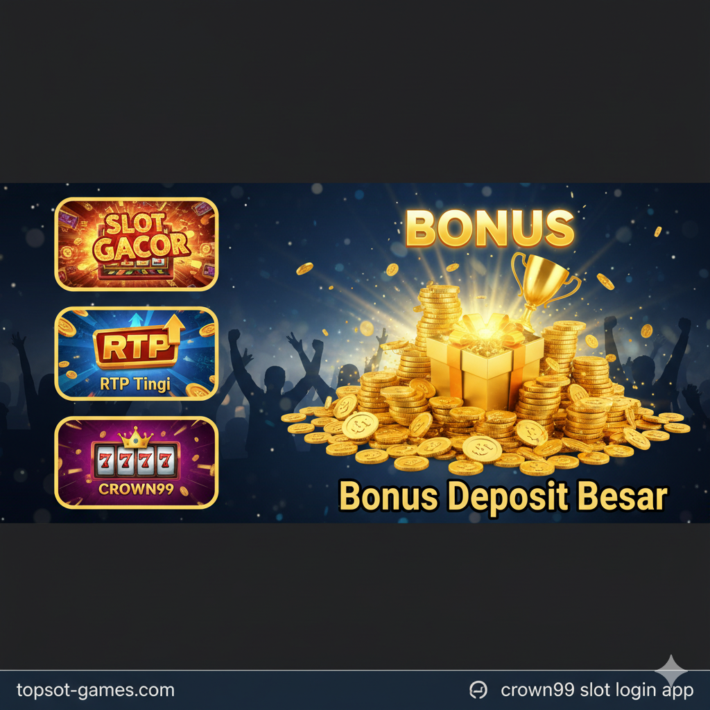 Kolase visual yang menampilkan keunggulan utama bermain di Crown99: Game Lengkap dan Bonus. Di satu sisi, tunjukkan tiga ikon atau gambar mini dari game slot populer ('Slot Gacor', RTP tinggi). Di sisi lain, fokuskan pada tumpukan koin emas yang melimpah dan ikon 'Bonus' (misalnya, kotak hadiah atau piala) yang bersinar. Latar belakang harus menunjukkan elemen kegembiraan dan kemenangan, mungkin dengan efek cahaya 'jackpot'. Gunakan teks 'RTP Tinggi' dan 'Bonus Deposit Besar' sebagai penekanan. Komposisi horizontal, membagi fokus antara game dan hadiah.