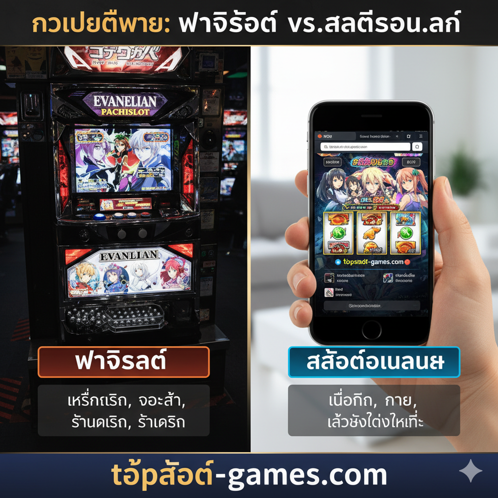 一张对比鲜明的图片，用于比较“Pachislot”和“Online Slots”。左侧展示了一台实体的、复杂的日本“Evangelion Pachislot”机器，带有日语按钮和物理钢珠，背景是昏暗的弹珠机店，显得难以接触。右侧展示了一只手拿着的现代智能手机，屏幕上是topslot-games.com网站上一个明亮、清晰、易于理解的动漫主题在线老虎机游戏。中间的分割线突出了便利性、可访问性和现代游戏体验的差异。