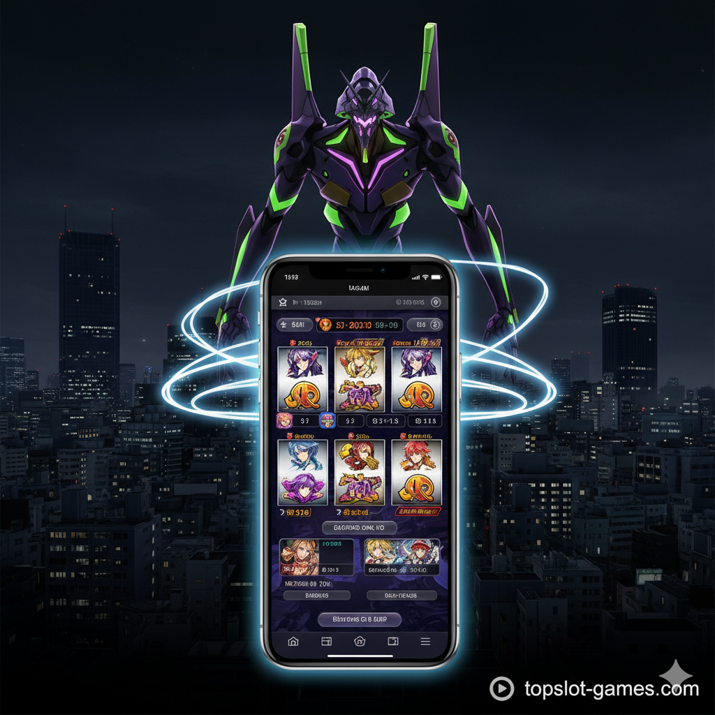 一张引人注目的封面图片，用于topslot-games.com。背景是黑暗的、未来派的东京城市景观，一个巨大的、轮廓分明的机甲（让人联想到EVA-01）耸立在城市之上，带有霓虹紫色和绿色的光芒。前景是一个时尚的、发光的智能手机，屏幕上显示着一个充满活力的在线老虎机游戏界面，卷轴上是动漫风格的战士角色。发光的能量线将背景中的机甲与手机连接起来，象征着从“Evangelion slot machine”搜索到在topslot-games.com上玩现代在线老虎机的过渡。
