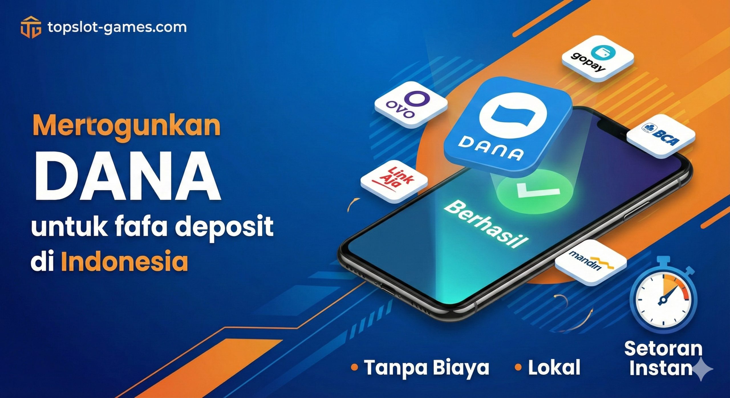专注于印尼本地支付优势的商业风格插图。画面中心是一个现代化的手机正在进行转账操作,屏幕上显示'Success'(成功)。手机周围漂浮着印尼主流电子钱包的Logo图标,重点突出蓝色的DANA标志,以及OVO、GoPay和LinkAja,同时包含BCA和Mandiri等银行标志。画面右下角有一个秒表图标,象征'存款秒到账'。整体色调明亮,使用蓝色和橙色搭配,强调支付的便捷性、本地化和无手续费优势。