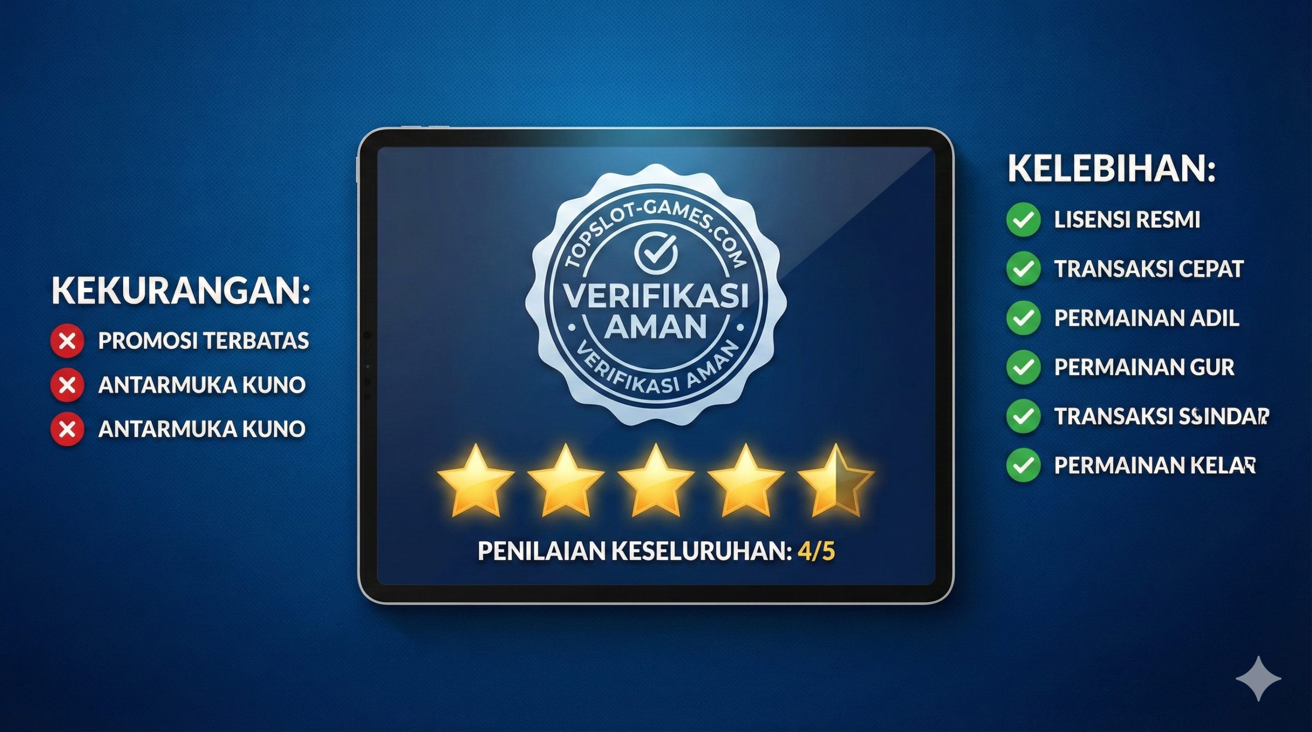 一张权威的总结评分图,背景为质感厚重的深蓝色。画面中央是一份发光的数字评估报告,上面印有Topslot-games.com的官方印章,印章内容为'VERIFIED'(已验证)或'AMAN'(安全)。报告下方展示四颗明亮的金星(4/5评分),旁边列出简短的优缺点清单(如绿色对勾和红色叉号)。整体构图严谨专业,增强文章的可信度,给读者一种最终的、经过深思熟虑的裁决感。