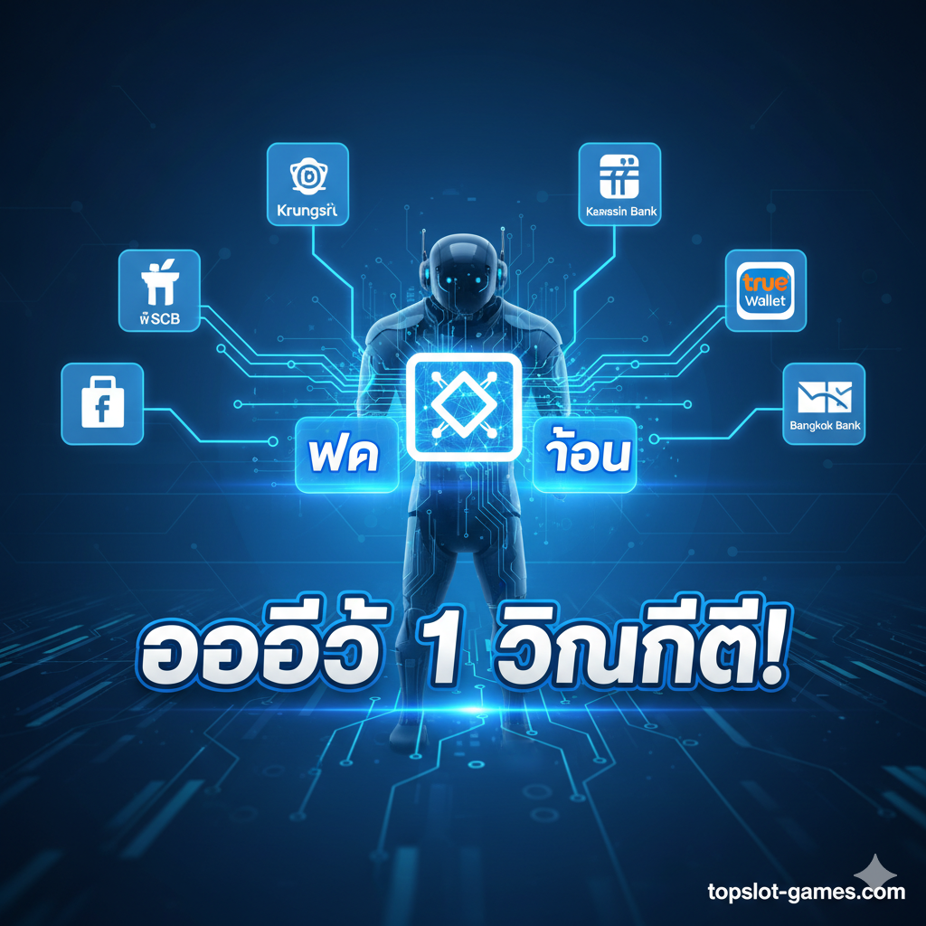 ภาพเน้นฟีเจอร์ที่แสดงถึงจุดขายหลัก 'Automation Focus' ของระบบ 'fai chai slot' องค์ประกอบกลางเป็นกราฟิก AI หรือหุ่นยนต์ที่กำลังประมวลผลธุรกรรม 'ฝาก-ถอน' (Deposit-Withdrawal) อย่างรวดเร็ว พร้อมข้อความใหญ่ 'ออโต้ 1 วินาที!' (Auto 1 Second!) รอบๆ มีไอคอนของธนาคารไทยชั้นนำและ True Wallet ที่เชื่อมต่อกันด้วยเส้นแสงดิจิทัล แสดงถึงการเชื่อมต่อโดยตรง สไตล์ภาพสะอาดตา (Clean) และเน้นเทคโนโลยี (Tech) ใช้สีฟ้า ขาว และเงิน เพื่อสื่อถึงความแม่นยำและเสถียรภาพของระบบ