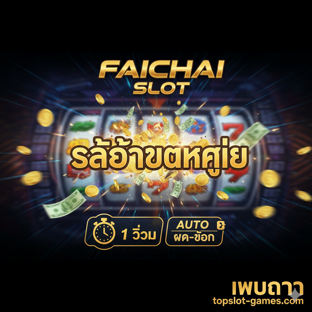 ภาพหน้าปกแบบไดนามิกสำหรับ 'fai chai slot' บน topslot-games.com แสดงให้เห็นถึงความเร็วและผลกำไร ออกแบบสไตล์โมเดิร์นไฮเทค องค์ประกอบหลักคือตัวอักษรไทย 'Fai Chai Slot' ที่โดดเด่น คู่กับไอคอนนาฬิกาจับเวลาที่แสดง '1 วินาที' (1 Second) และสัญลักษณ์ 'Auto ฝาก-ถอน' (Auto Deposit-Withdrawal) ฉากหลังเป็นภาพเบลอของวงล้อสล็อตที่กำลังแจ็คพอตแตก 'สล็อตแตกง่าย' โดยมีเหรียญทองพุ่งออกมา ใช้โทนสีทอง ดำ และน้ำเงินไฟฟ้า เพื่อสื่อถึงความน่าเชื่อถือ ความเร็ว และความมั่งคั่งของ 'เว็บตรง'