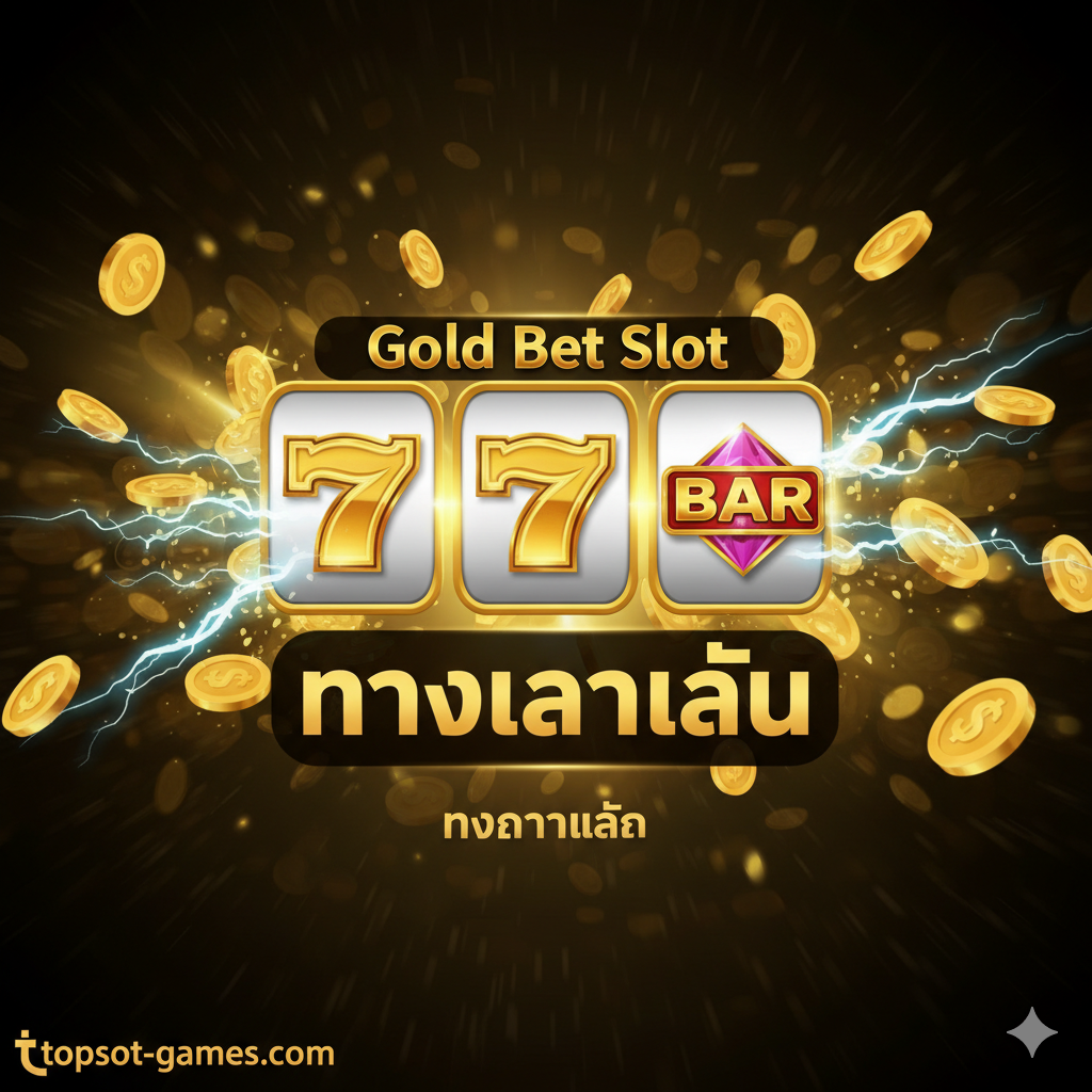 ภาพหน้าปกสไตล์พรีเมียมและไดนามิก เน้นสีทองเข้มและดำเพื่อสื่อถึงความมั่งคั่งและความน่าเชื่อถือ มีองค์ประกอบของเหรียญทองคำที่ส่องประกายระยิบระยับ และสัญลักษณ์ของสล็อตแมชชีน (เช่น 777, BAR, เพชร) โดยมีแสงสีฟ้าหรือสายฟ้าฟาดพุ่งออกมาด้านหลังเพื่อเน้น 'ความเร็วสูงสุด' และ 'ทางเข้าเล่น' ที่รวดเร็วทันใจ มีข้อความภาษาไทยเด่นชัดว่า 'Gold Bet Slot ทางเข้าเล่น' และโลโก้สมมติของ 'topslot-games.com' อยู่ที่มุมใดมุมหนึ่ง จัดวางองค์ประกอบแบบเน้นจุดศูนย์กลางให้ดึงดูดสายตา