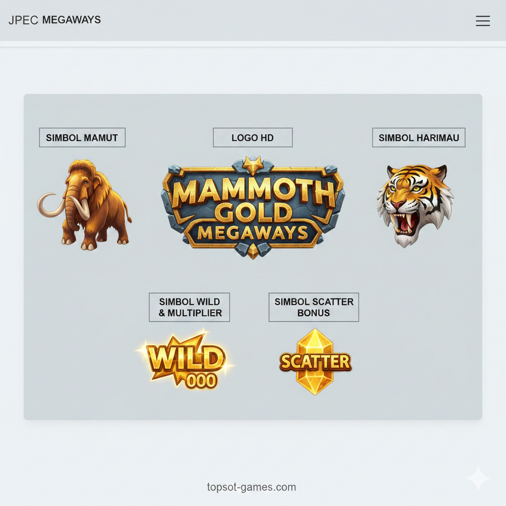 Sebuah gambar yang berfungsi sebagai showcase untuk fitur-fitur kunci game, dirancang untuk ditempatkan di dekat bagian 'Koleksi Aset PNG'. Tampilkan kolase atau papan pajangan yang terdiri dari beberapa simbol PNG terpisah (Mammoth, Tiger, Wild Multiplier, Scatter Kristal Emas) dengan latar belakang transparan (atau latar belakang web yang disimulasikan). Tulis teks singkat di samping elemen visual seperti 'Logo HD', 'Simbol Wild', dan 'Scatter Bonus' untuk visualisasi aset yang ditawarkan di bagian download. Gunakan palet warna yang cerah untuk simbol dan minimalis untuk tata letak untuk menonjolkan kualitas PNG HD.