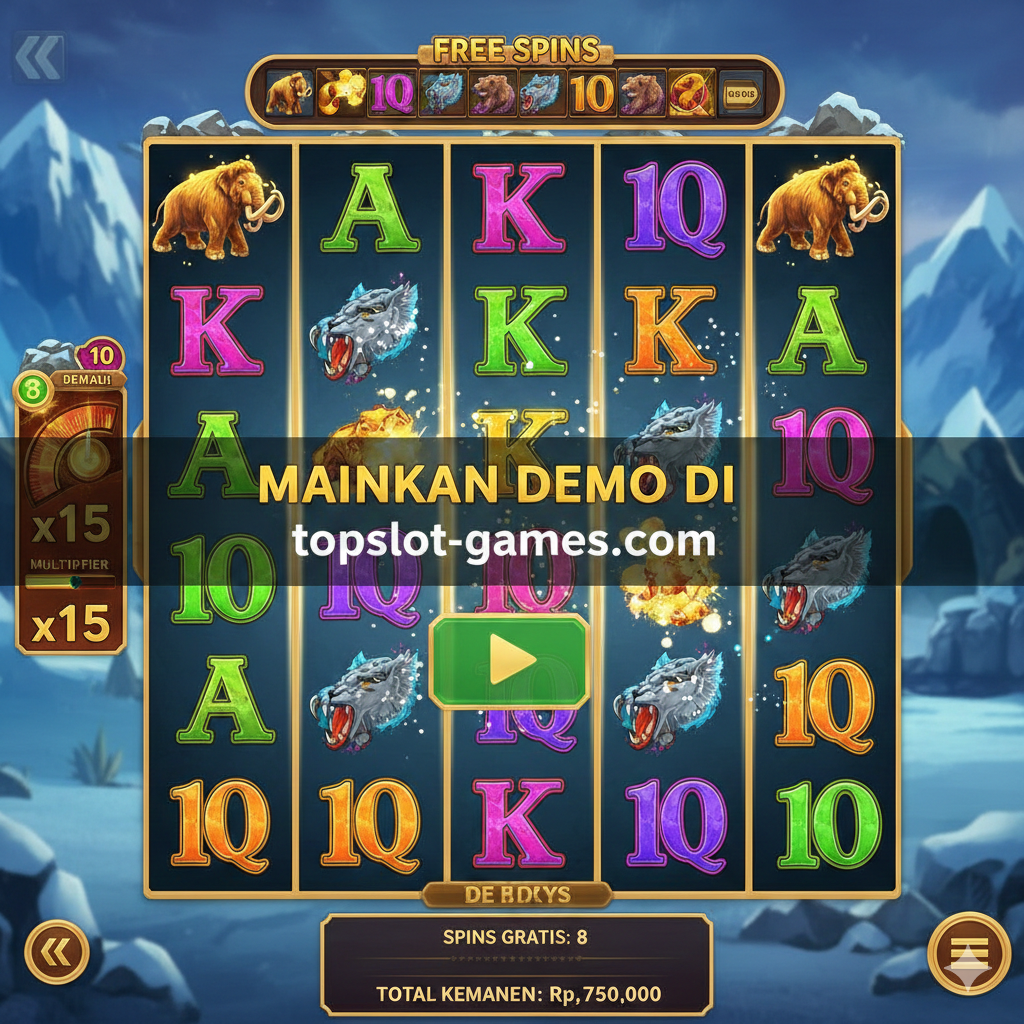 Visualisasi yang mewakili 'Cara Bermain & Mencari Demo'. Tampilkan cuplikan layar (screenshot) in-game dari mode Free Spins yang sedang aktif, menunjukkan banyak gulungan (reels) Megaways yang terisi simbol, serta visual Pengali Progresif (Multiplier) besar yang ditampilkan di sisi layar atau di atas gulungan. Gunakan warna-warna cerah dari simbol yang meledak (Tumble Feature) untuk menunjukkan aksi. Tambahkan lapisan visual ringan berupa teks 'Mainkan Demo di topslot-games.com' atau ikon 'Play' yang besar untuk mengarahkan pengguna ke bagian panduan bermain.