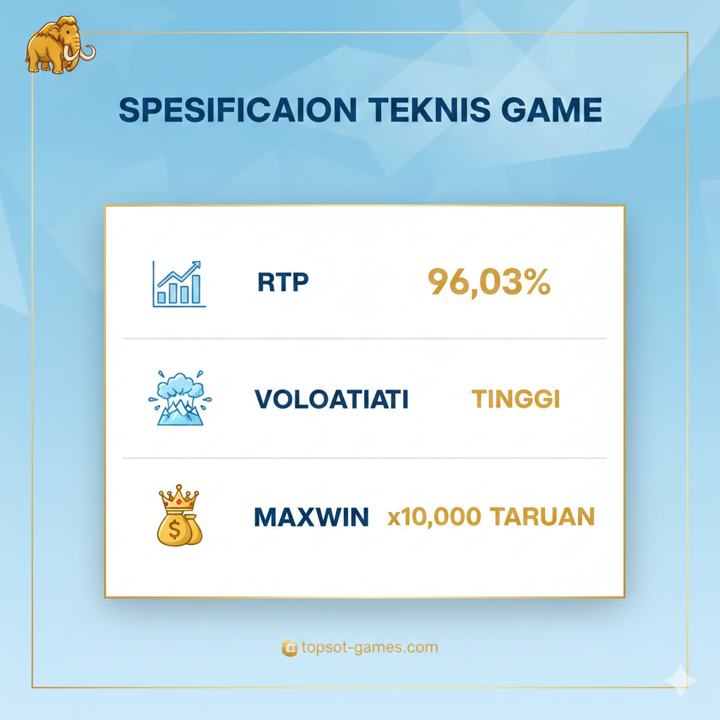 Infografis bersih dan profesional yang merangkum spesifikasi teknis game, ditempatkan di dekat bagian 'Spesifikasi Teknis Game'. Gunakan ikonografi sederhana untuk mewakili data: sebuah ikon grafik untuk RTP (96.03%), sebuah ikon ledakan/gunung untuk Volatilitas Tinggi (High Volatility), dan ikon mahkota emas/kantung uang untuk Maxwin (x10.000 Taruhan). Gunakan warna biru/putih es sebagai latar belakang dengan aksen emas untuk angka-angka penting, menciptakan kontras yang mudah dibaca. Tata letak harus bersih dan terstruktur seperti tabel.