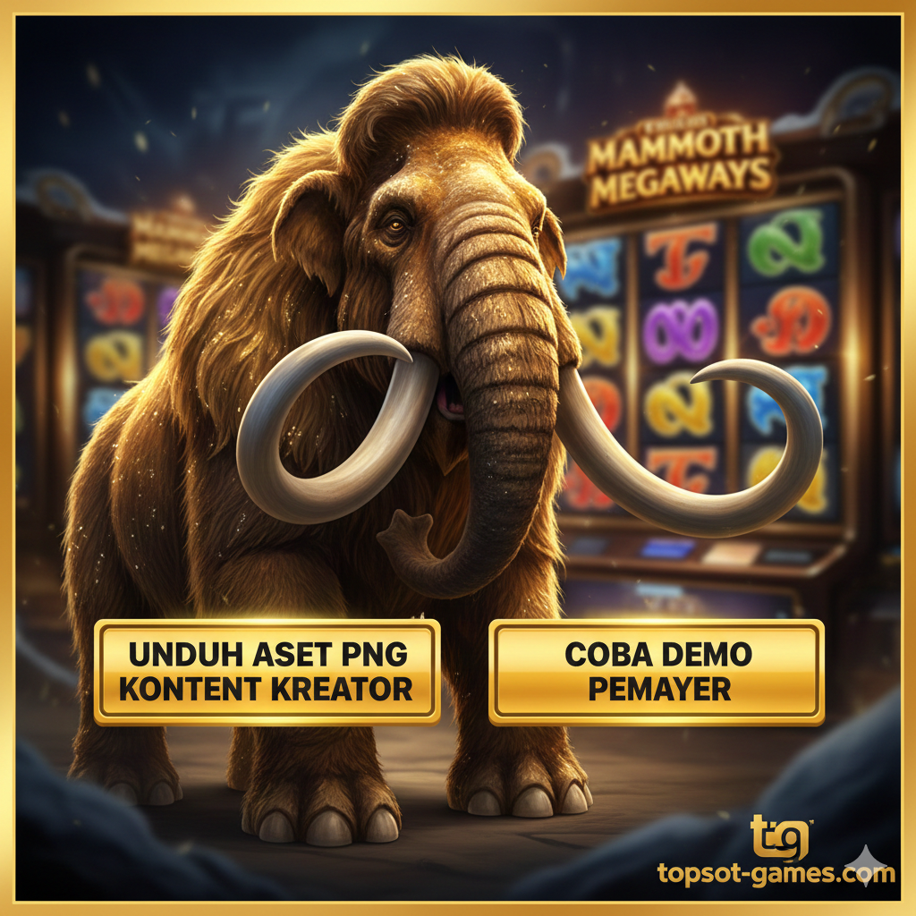Gambar penutup yang kuat dan memotivasi untuk bagian 'Kesimpulan & Aksi Lanjut'. Tampilkan kembali simbol Mammoth raksasa di latar depan, kali ini dalam pose yang dominan. Di belakangnya, tampilkan latar belakang visual yang sedikit blur dengan fokus pada sebuah tombol atau ikon 'DOWNLOAD ASET PNG' yang besar dan menonjol. Gunakan warna emas terang dan teks yang tebal untuk Call to Action. Tambahkan logo topslot-games.com di sudut sebagai penekanan pada atribusi yang diminta, menekankan bahwa ini adalah sumber daya eksklusif untuk konten terbaik.