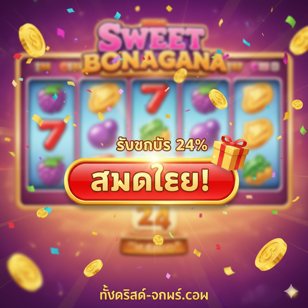 一张强有力的 '总结' 和 '行动号召' (CTA) 图片。图片中央是一个醒目的泰语按钮 'สมัครเลย!' (立即注册)，采用金色或亮红色，非常吸引眼球。按钮旁边是一个闪亮的礼品盒图标，上面写着 'รับโบนัส 24%' (获取 24% 奖金)，突出 '24 slot' 的优惠。背景是模糊化的老虎机游戏界面，如 Sweet Bonanza，并伴有飘落的金币和五彩纸屑，营造出庆祝和胜利的氛围。topslot-games.com 的网址清晰地显示在图片底部。