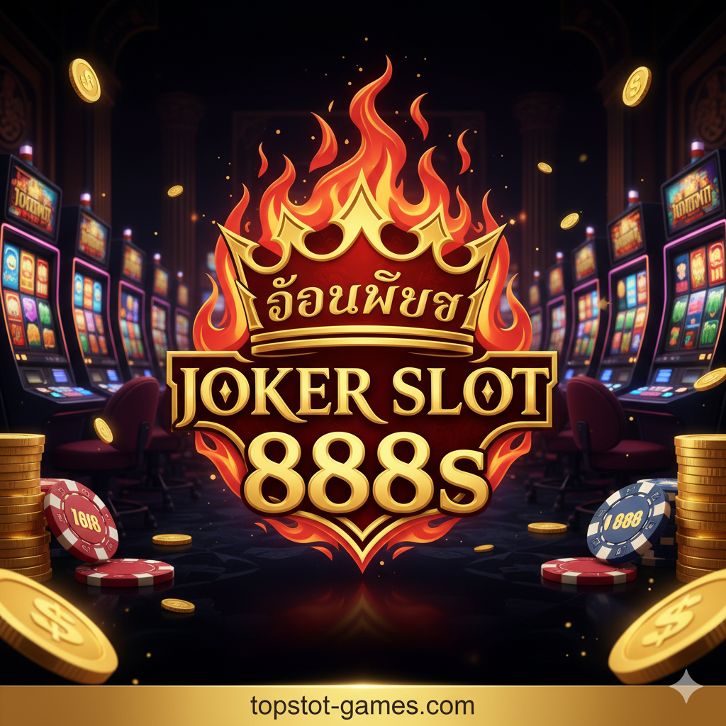 一张引คนึงดูดใจของ Joker Slot 888s ทางเข้าเว็บตรง ที่มีมงกุฎและไฟลุกท่วม ฉากหลังเป็นองค์ประกอบคาสิโนหรูหรา