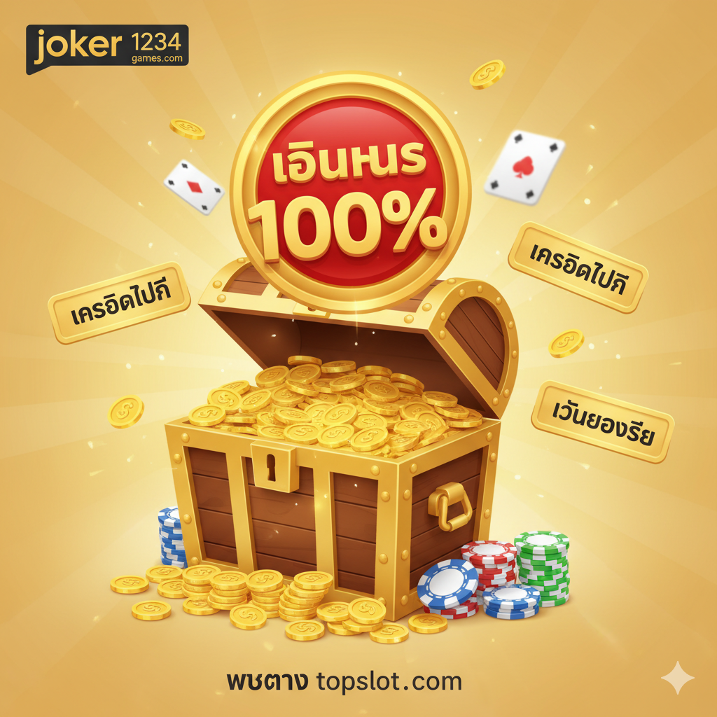 优势图片,聚焦于“โปรโมชั่นและเครดิตฟรี”的丰厚。画面中心是一个巨大的、堆满了金币และ筹码的宝箱,宝箱上方浮动着一个醒目的“โบนัส 100%”徽章。周围环绕着小标签,เช่น “เครดิตฟรี”, “คืนยอดเสีย”, “เว็บตรง topslot”。色彩采用温暖的金色、红色และ亮绿色,营造出高回报และความ慷慨的氛围。风格应是庆祝性和吸引人的,让用户รู้สึกว่าเข้าร่วมแล้วจะได้รับผลประโยชน์มหาศาล。