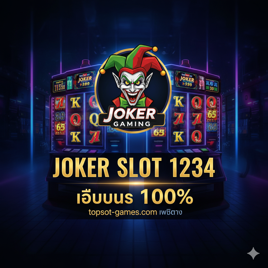 一张吸引眼球的封面图片,主视觉元素是Joker Gaming(小丑形象)的标志性Logo或一个充满ชีวิตชีวา的老虎机界面。背景使用深蓝色หรือ紫色的霓虹灯效果,营造出高端娱乐场的氛围。图片中央突出显示金色的文本“Joker Slot 1234”และ“โบนัส 100%”字样,下方小字显示“topslot-games.com เว็บตรง”。整体风格应是高对比度、现代感强、充满财富และ胜利气息。构图采用三分法,将关键信息放置ใน视觉焦点。
