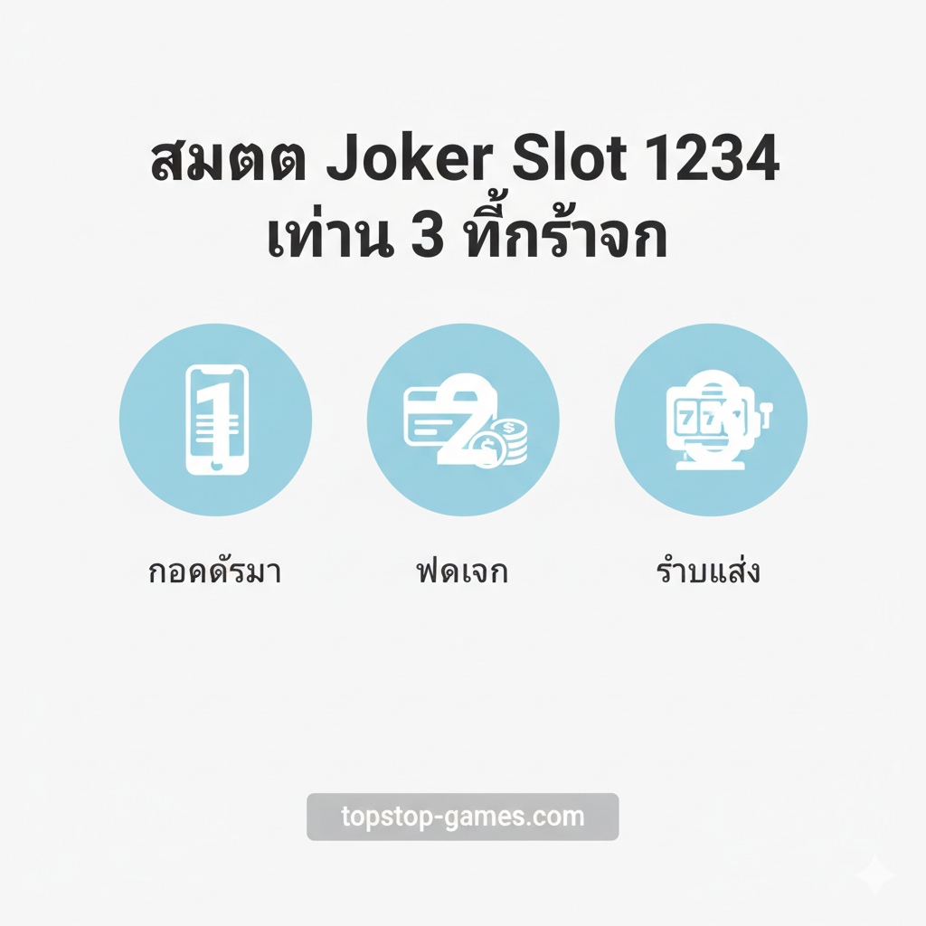 教程图片,以清晰的步骤图示展示“สมัครสมาชิก”的3个快速步骤。画面采用简洁的白色หรือ浅色背景,左侧หรือ顶部มี标题“สมัคร Joker Slot 1234 ภายใน 3 ขั้นตอน”。使用三个编号的圆形图标分别代表1. กรอกข้อมูล (手机输入框图标) 2. ฝากเงิน (银行卡หรือ硬币图标) 3. เริ่มเล่น (老虎机图标)。整体设计风格简洁、流程化,泰语文字清晰易读,旨在引导用户快速完成注册。