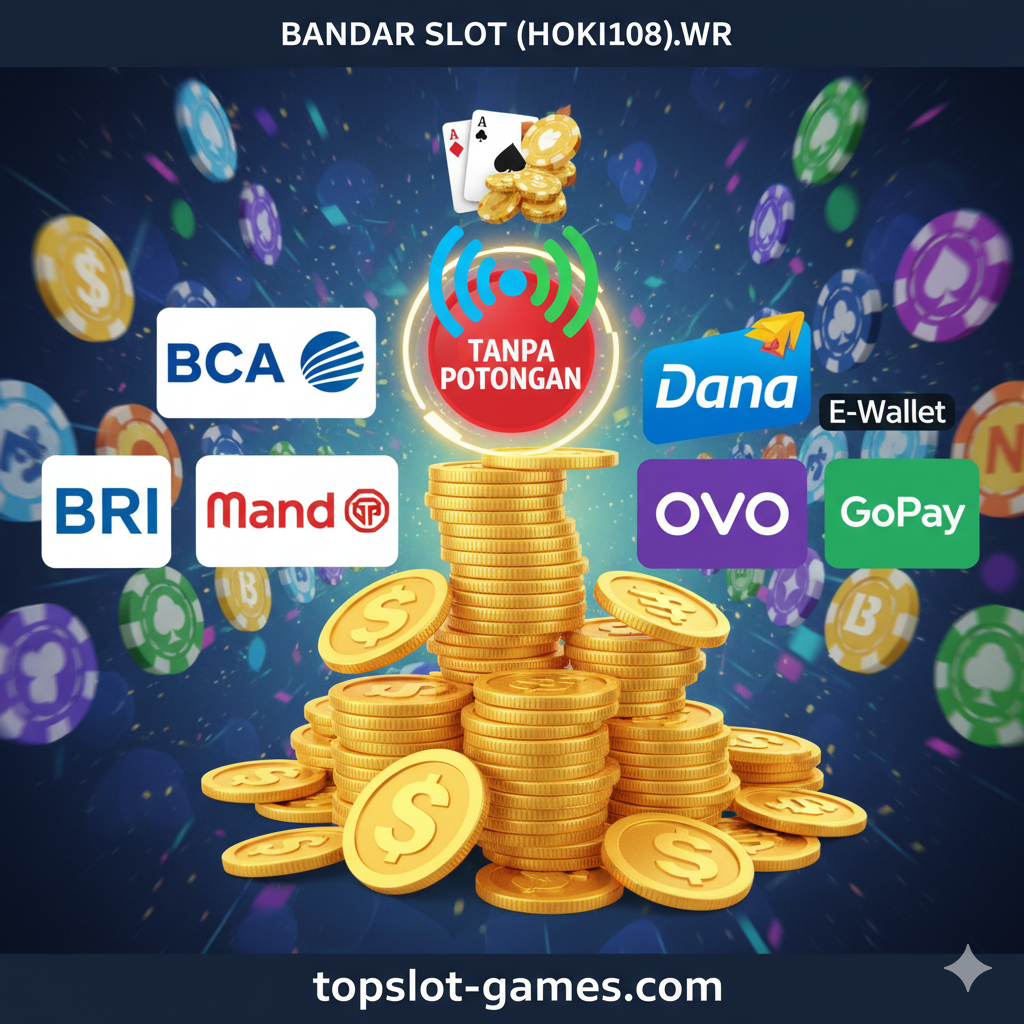 Visual yang menonjolkan keunggulan 'Pilihan Deposit Terlengkap', khususnya 'Deposit Pulsa Tanpa Potongan'. Gambar harus memperlihatkan tumpukan koin emas (melambangkan deposit) yang diletakkan di samping berbagai logo metode pembayaran: logo bank lokal terkemuka (BCA, Mandiri, BRI), logo E-Wallet (Dana, OVO, GoPay), dan yang paling menonjol adalah ikon pulsa (sinyal ponsel) yang dikelilingi oleh cincin 'Tanpa Potongan'. Komposisi harus dinamis dan padat, menggunakan warna-warna cerah untuk menyoroti kemudahan dan fleksibilitas transaksi di topslot-games.com.