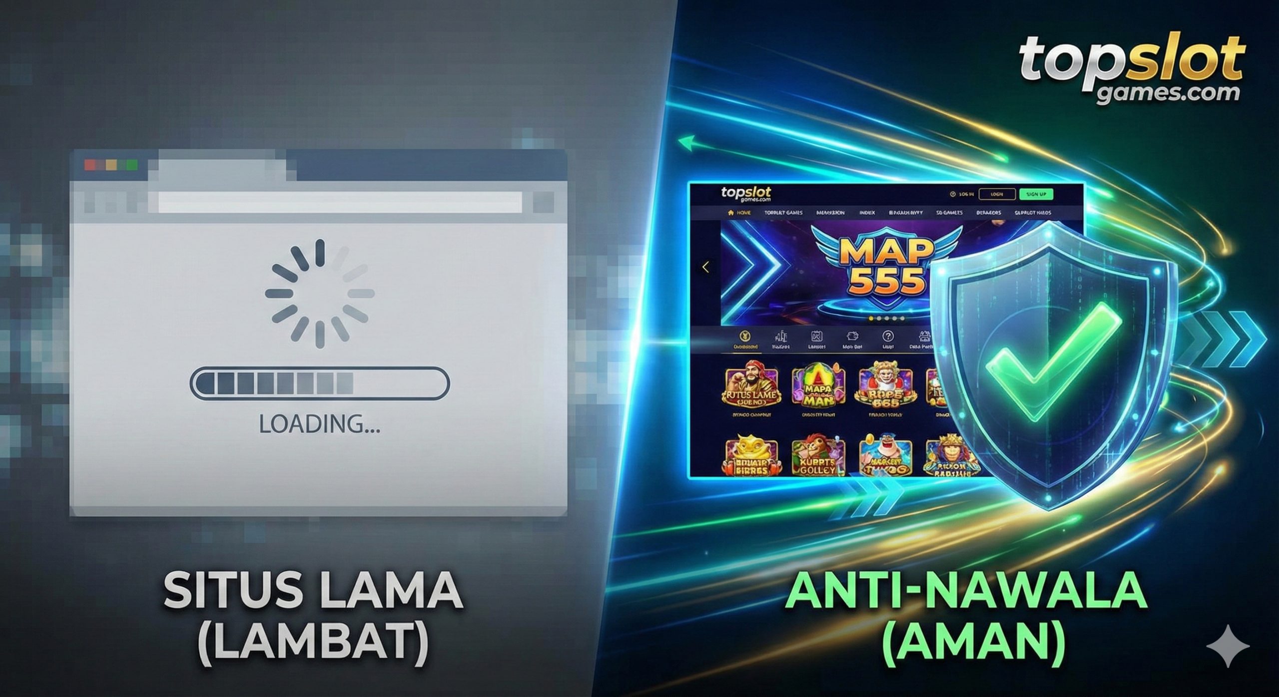 A split-screen comparison visual emphasizing server quality and access. On the left, a dull, grayed-out screen representing 'Old MPO Sites' with a buffering loading circle. On the right, a vibrant, instantly loaded interface of topslot-games.com featuring the 'Map 555' dashboard, symbolizing high-speed premium servers. A digital 'Shield' icon with a green checkmark overlays the right side, representing the Anti-Nawala (IP Protection) security feature. The lighting is dynamic, emphasizing speed, security, and the technological advantage of the new platform.