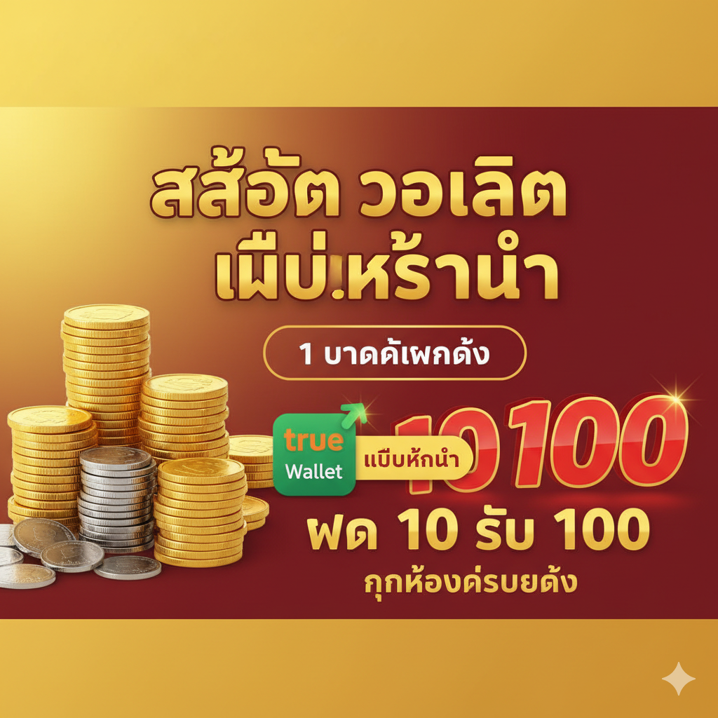 ภาพเน้นจุดเด่นเรื่อง 'สล็อตวอเลท ไม่มีขั้นต่ำ' และ 'ฝาก 10 รับ 100' ในสไตล์ที่ให้ความรู้สึกว่า 'เข้าถึงง่าย' และ 'คุ้มค่า' ใช้โทนสีเหลือง (Yellow) และสีแดง (Red) สื่อถึงโปรโมชั่นและโชคลาภ มีภาพเหรียญขนาดเล็กหลายเหรียญ (อาจเป็นเหรียญบาท) กองอยู่ข้างๆ กองเหรียญทองขนาดใหญ่ เพื่อแสดงให้เห็นว่าเงินทุนเล็กน้อยก็สามารถสร้างความมั่งคั่งได้ มีไอคอน 'No Minimum' หรือ 'ไม่มีขั้นต่ำ' พร้อมสัญลักษณ์ True Wallet เป็นองค์ประกอบสำคัญ เน้นข้อความ '1 บาทก็ฝากได้' หรือ 'ทุนน้อยก็รวยได้' เพื่อดึงดูดผู้เล่นกลุ่ม C