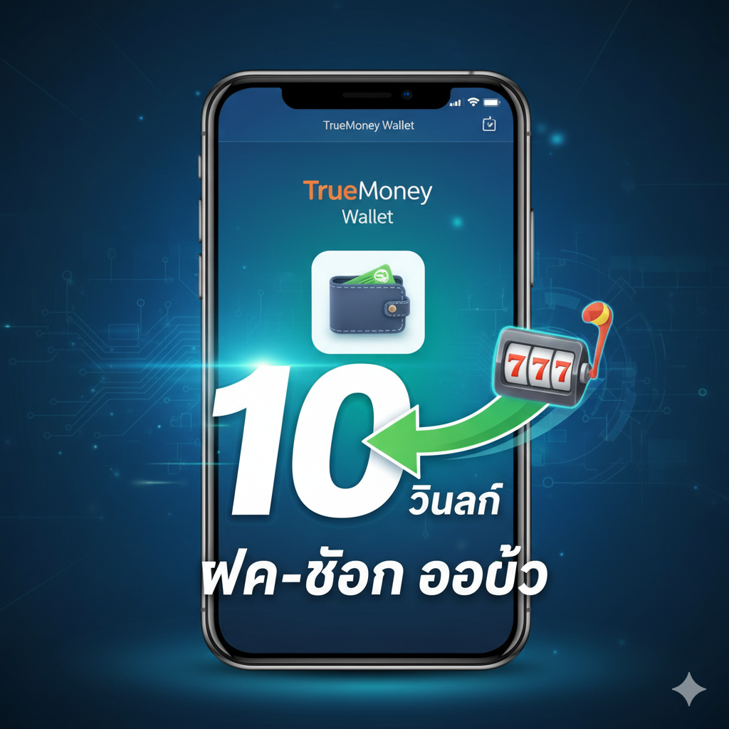 ภาพเน้นคุณสมบัติหลัก 'ระบบฝาก-ถอนออโต้ 10 วินาที' และ 'True Wallet' ในสไตล์ Infographic/Speedy Design ใช้โทนสีฟ้า/น้ำเงิน (Blue) และเขียว (Green) สื่อถึงเทคโนโลยีและความรวดเร็ว ตรงกลางภาพมีภาพจำลองหน้าจอโทรศัพท์มือถือที่แสดงแอป True Money Wallet และมีลูกศรสีเขียวพุ่งออกจากวอลเลทไปยังไอคอนสล็อตแมชชีนอย่างรวดเร็ว พร้อมตัวเลขขนาดใหญ่ '10 Sec.' และข้อความ 'ฝาก-ถอน ออโต้' กำกับไว้ มีองค์ประกอบของแสงไฟดิจิทัลหรือวงจรไฟฟ้าเล็กน้อยด้านหลังเพื่อเน้นย้ำถึงระบบที่ทำงานได้เองอัตโนมัติ