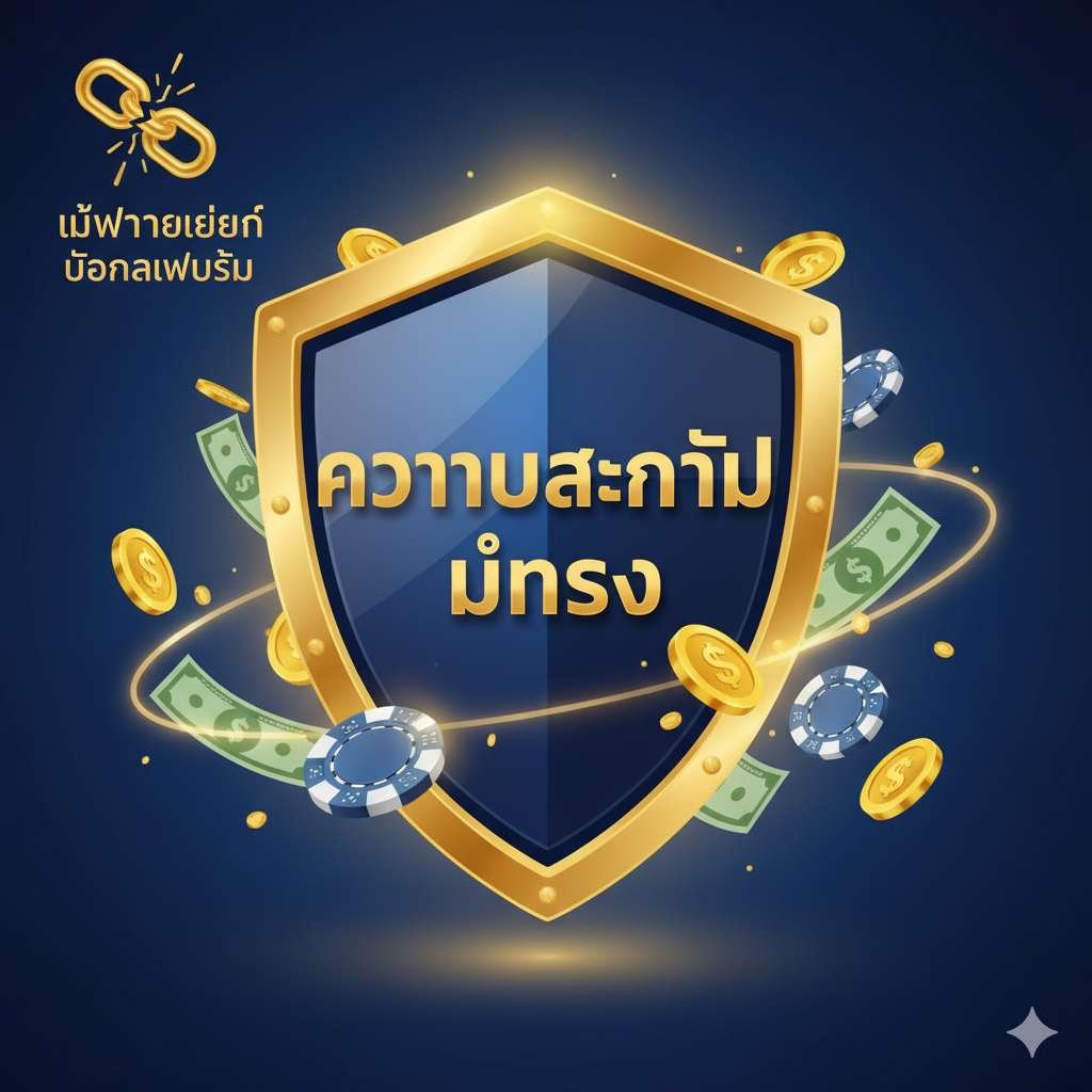 一张突出“เว็บตรงไม่ผ่านเอเย่นต์” (直接网站不通过代理) 优势的图片。画面中央是一个巨大的盾牌หรือ保险箱图标，象征ถึง“ความปลอดภัย” (安全) และ “มั่นคง” (稳定)。盾牌周围ควรมีเงินหรือชิปที่บินได้เพื่อแสดงถึงความปลอดภัยของเงินทุน นอกจากนี้ ควรมีไอคอนโซ่ขาดที่มุมหนึ่งของภาพ ซึ่งเป็นสัญลักษณ์ของ “ไม่ผ่านตัวแทน” หรือ “อำลาเว็บล่ม” (อำลาเว็บไซต์ล่ม) สีหลักควรเป็นสีน้ำเงินและสีทองเพื่อเน้นย้ำถึงความไว้วางใจและอำนาจ