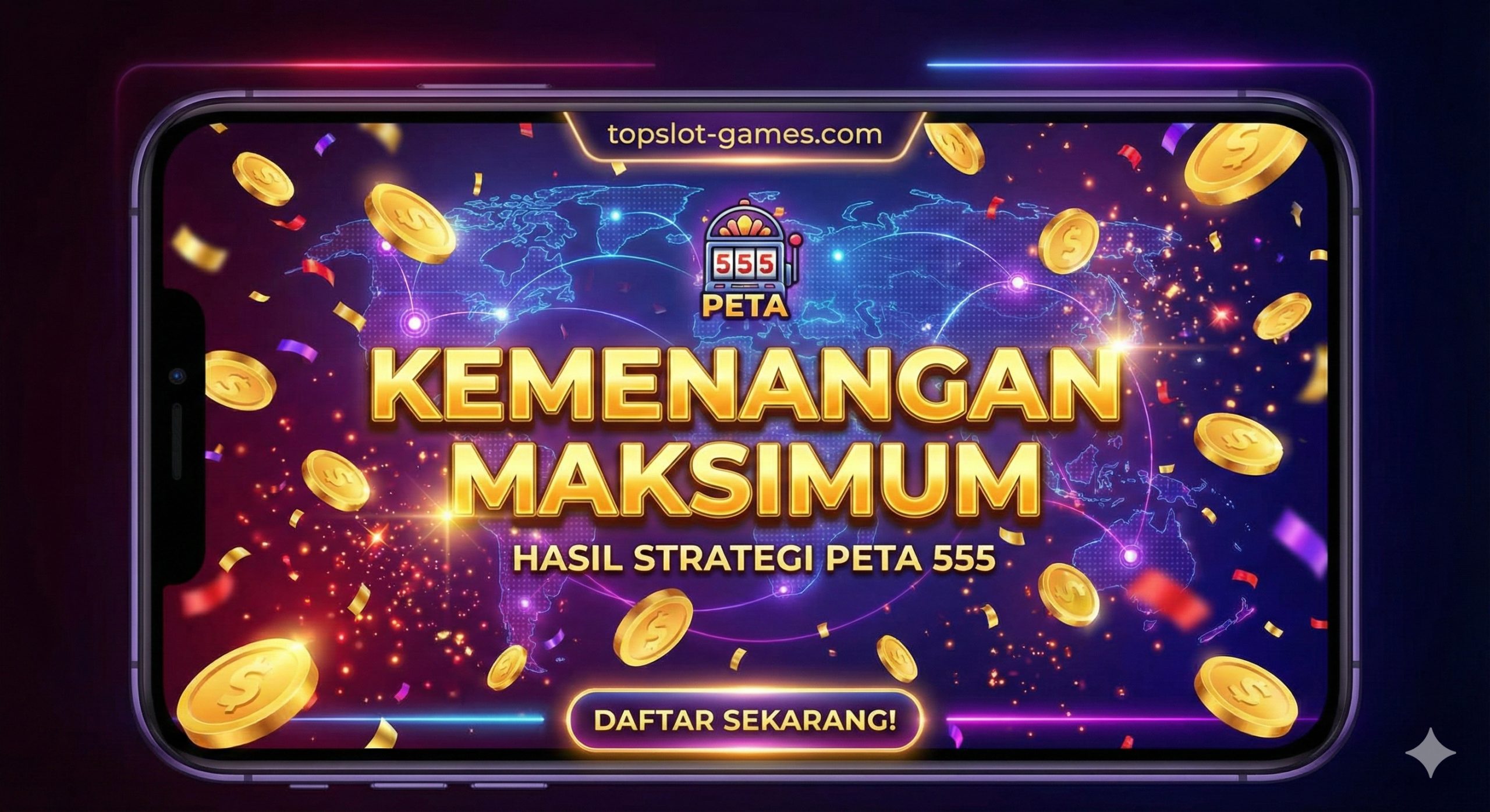 A celebratory image depicting the ultimate result of using the Map 555 strategy. A smartphone screen is front and center, displaying a massive 'MAXWIN' notification with exploding 3D golden coins and digital confetti filling the frame. A faint, glowing digital map overlay remains visible in the background, signifying that the victory was strategic and calculated, not just luck. The color palette is dominated by rich gold, bright red, and purple neon, creating a feeling of luxury and excitement to encourage immediate user registration.