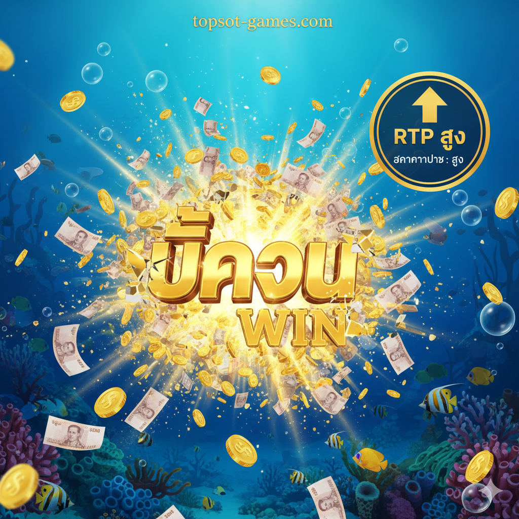 ภาพ强调游戏优势：高RTPและ赢取大奖ของ潜力。画面中心是一个巨大ของ、爆开ของ金色“BIG WIN”泰文หรือ英文标语，周围是金币และ现金飞溅ของ效果。背景融入Seaworld Slotของ深海元素，例如深蓝海水และ珊瑚。左上角หรือ右上角显示一个带有“RTP สูง” (High RTP)หรือ“Volatility: กลาง-สูง” (Volatility: Medium-High)字样ของ图表หรือ图标。整体构图充满动感และ财富感，吸引用户尝试游戏。