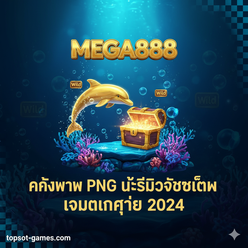 ภาพเป็นบทความ封面，主题是“MEGA888 Seaworld Slot PNG”และ“เกมแตกง่าย 2024 (Easy Break Game 2024)”。画面主色调为深蓝色และ青色，营造深海神秘感。居中是游戏的核心元素：一条逼真ของ金色海豚（Wild Symbol） 和一个闪光ของ宝箱（Scatter Symbol），周围环绕着气泡และ珊瑚礁。上方มีMega888ของ金色Logo，下方用醒目泰文字体เขียนว่า“คลังภาพ PNG และรีวิวฉบับเต็ม” (PNG Library and Full Review)。整体风格高品质、引人注目，并有“PNG”透明背景ของ视觉暗示。