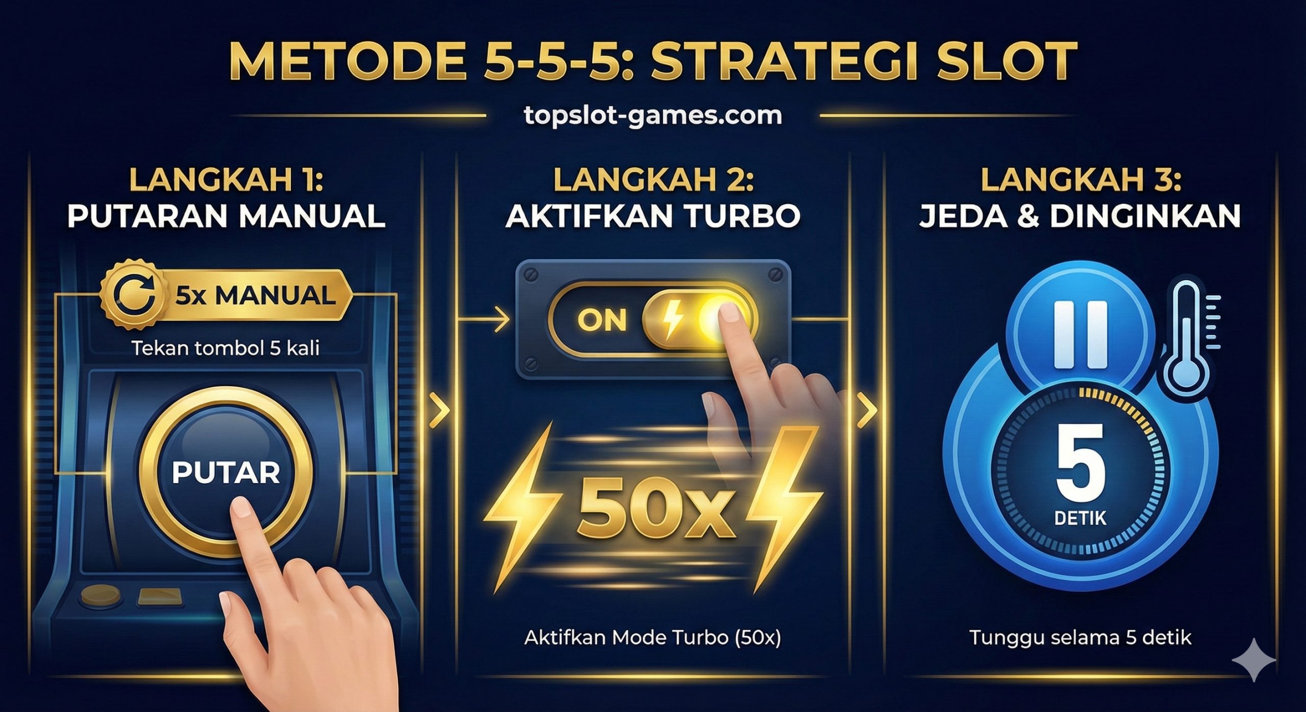 An instructional infographic-style image visualizing the 'Method 5-5-5' strategy steps. The image is divided into three distinct sections: Section 1 shows a finger pressing a 'Spin' button with a '5x Manual' badge; Section 2 depicts a 'Turbo Mode' switch activated with a '50x' speed motion blur effect and lightning icons; Section 3 shows a 'Pause/Cooldown' icon with a 5-second timer. The background uses the topslot-games.com brand colors (dark blue and gold), ensuring the white and yellow instructional elements pop for easy readability.