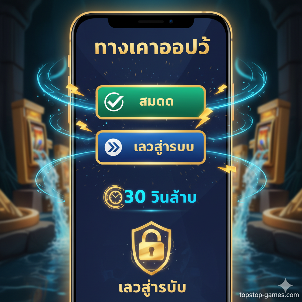 功能图片聚焦于「ทางเข้าออโต้」และ「เข้าสู่ระบบ」。画面应展示一个简洁的手机或电脑屏幕界面,上面有两个突出的按钮:「✅ สมัคร」และ「➡️ เข้าสู่ระบบ」。按钮周围有快速、流畅的箭头指示和闪电符号,代表“30 วินาที”内完成操作。色彩使用 topslot-games.com 的主色调(如蓝色/绿色/金色),强调速度และความ便捷性,下方可以有微弱的背景显示一个受保护的锁图标,暗示高安全性。